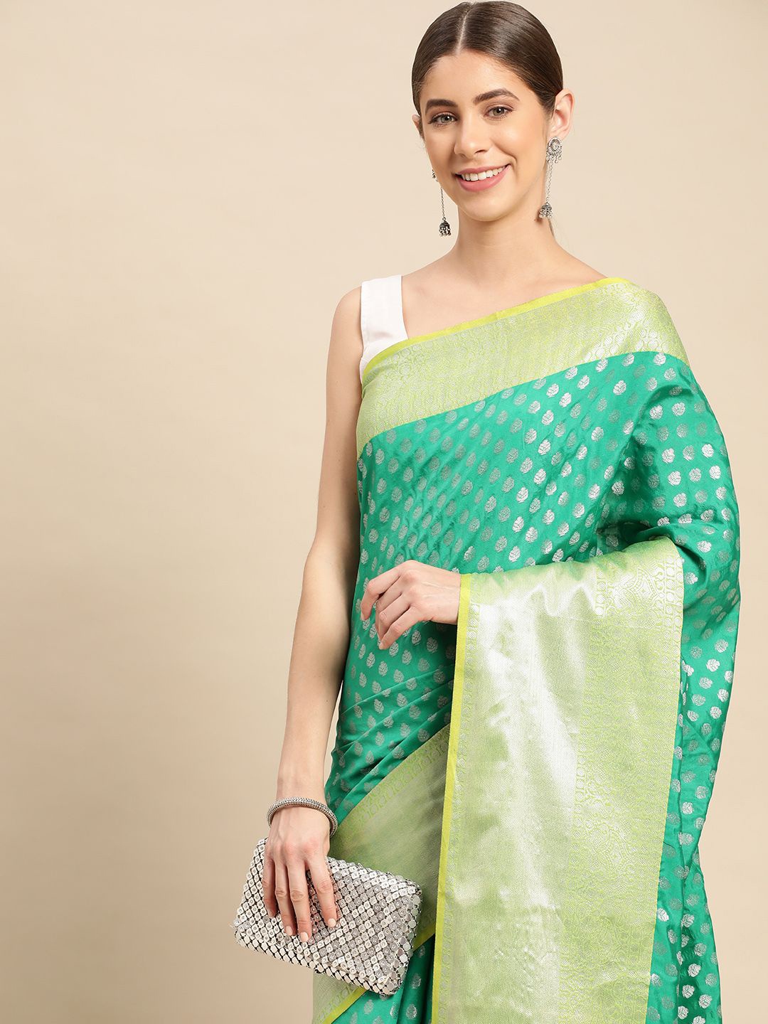 

VASTRANAND Ethnic Motifs Zari Art Silk Banarasi Saree, Green