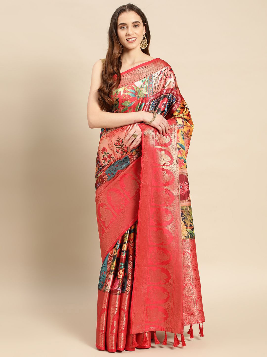 

VASTRANAND Floral Zari Satin Saree, Red