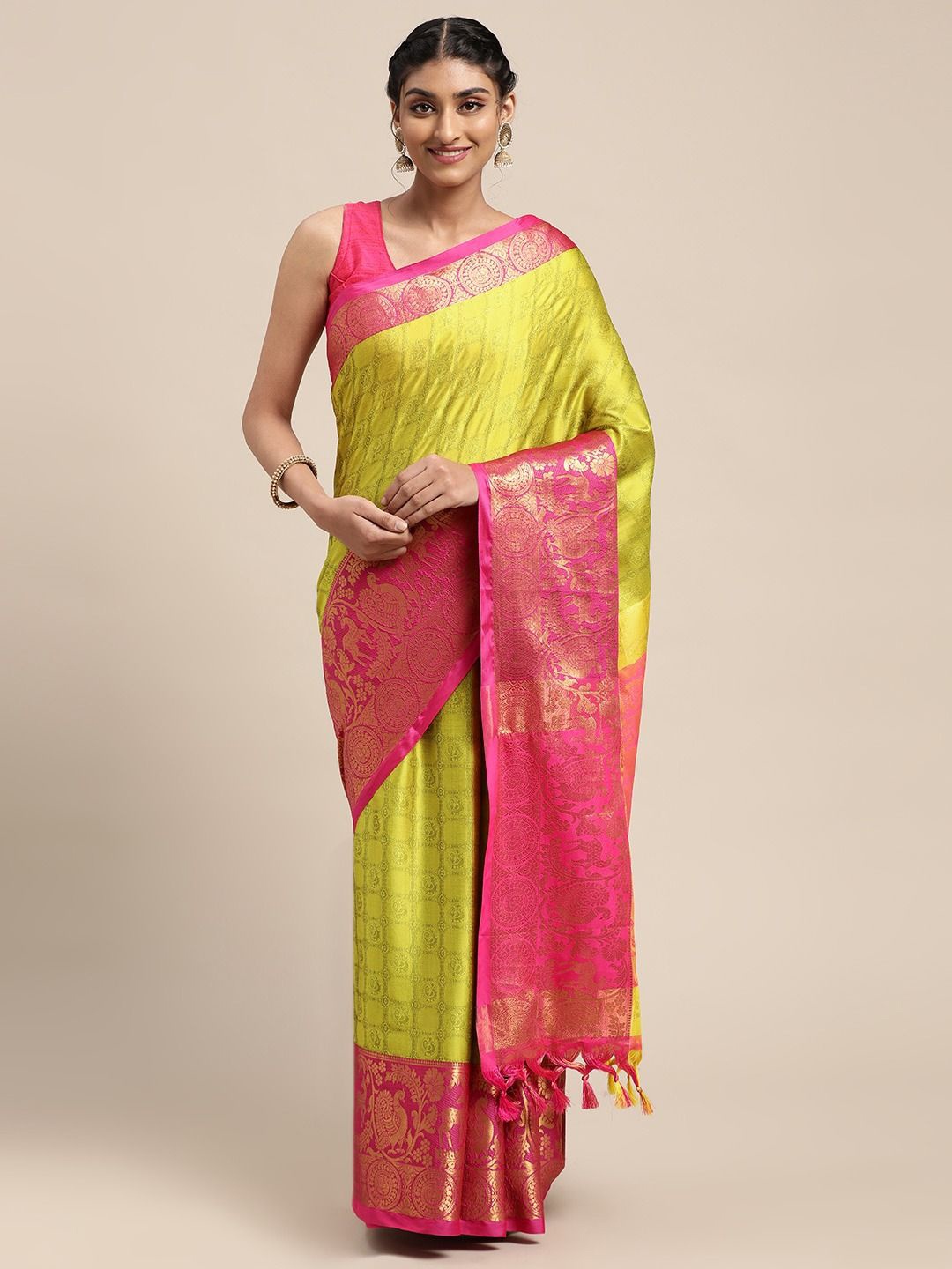 

VASTRANAND Ethnic Motifs Zari Silk Blend Banarasi Saree, Yellow