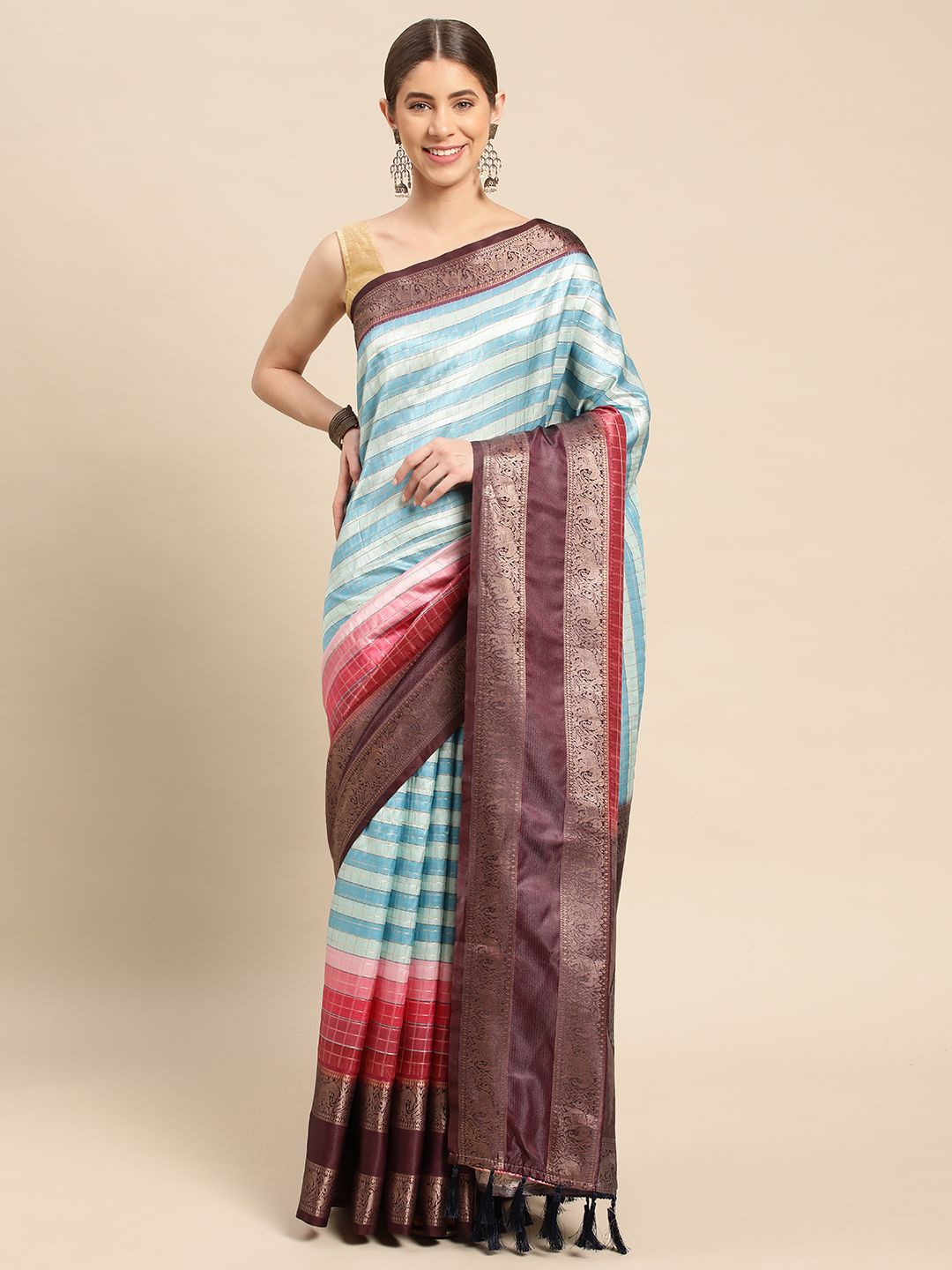 

VASTRANAND Striped Zari Silk Blend Banarasi Saree, Burgundy