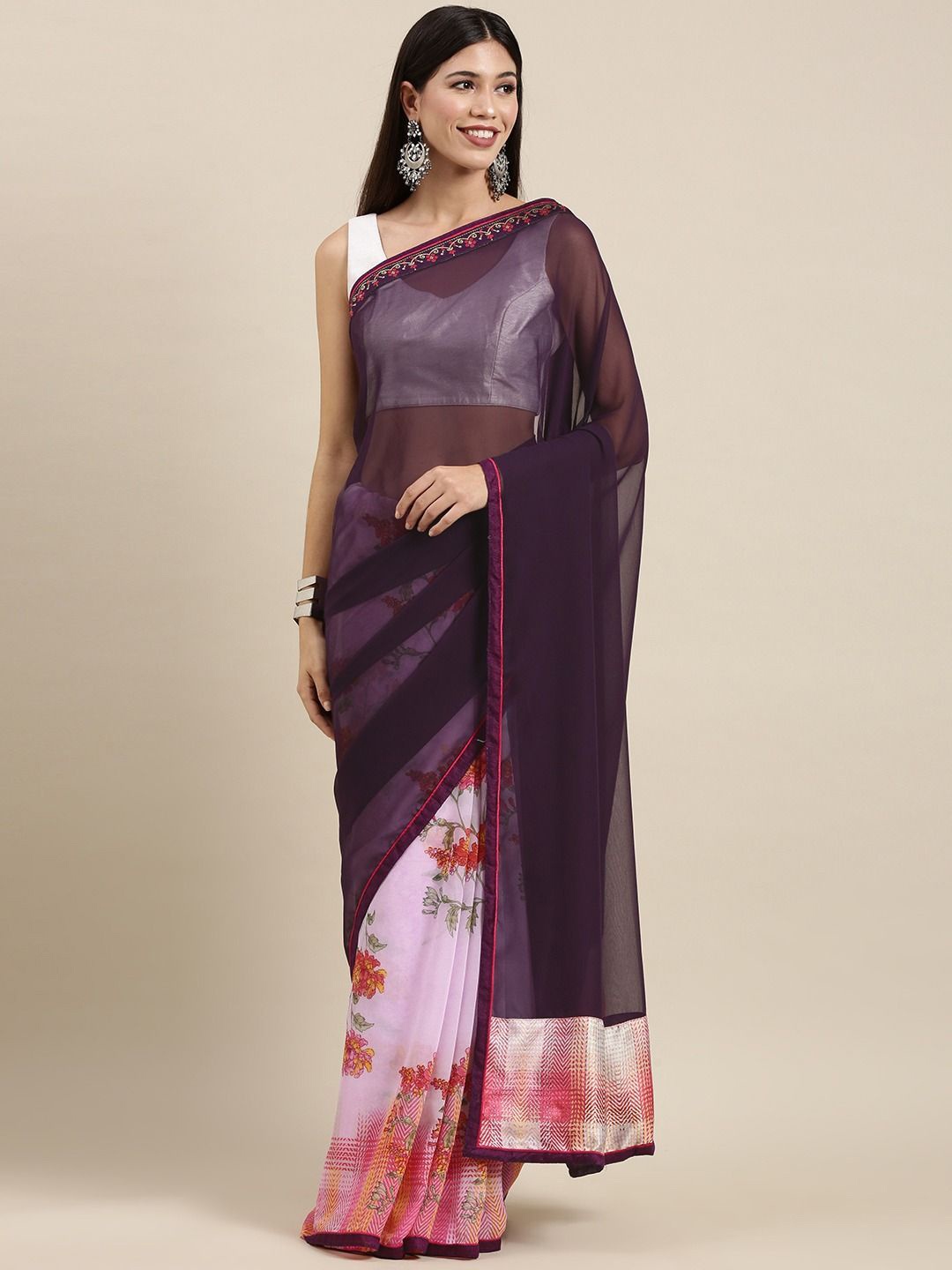 

VASTRANAND Floral Poly Georgette Half and Half Saree, Pink