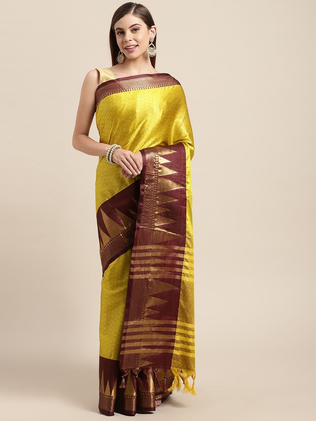 

VASTRANAND Woven Design Zari Silk Blend Banarasi Saree, Yellow