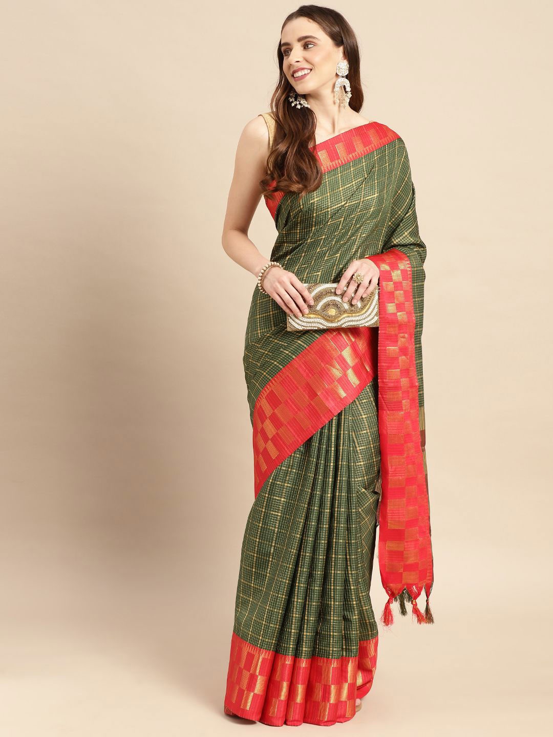 

VASTRANAND Checked Zari Saree, Green