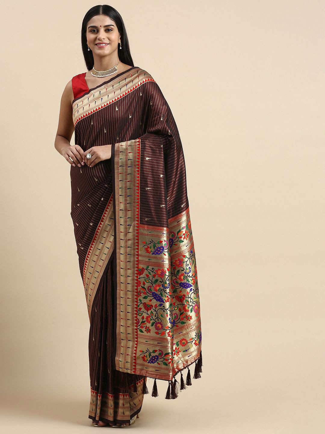 

VASTRANAND Woven Design Zari Silk Blend Paithani Saree, Brown