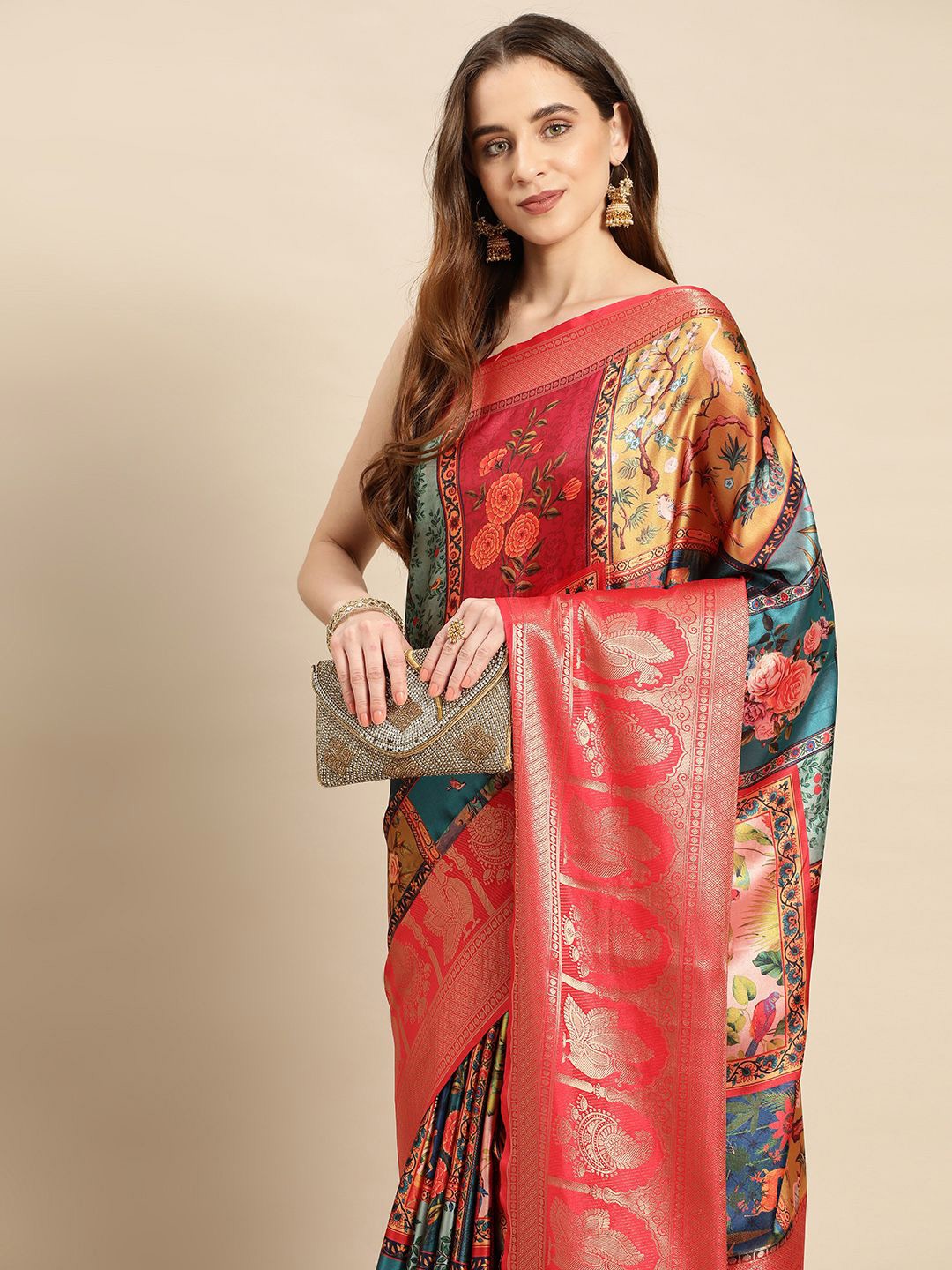 

VASTRANAND Floral Zari Satin Saree, Red