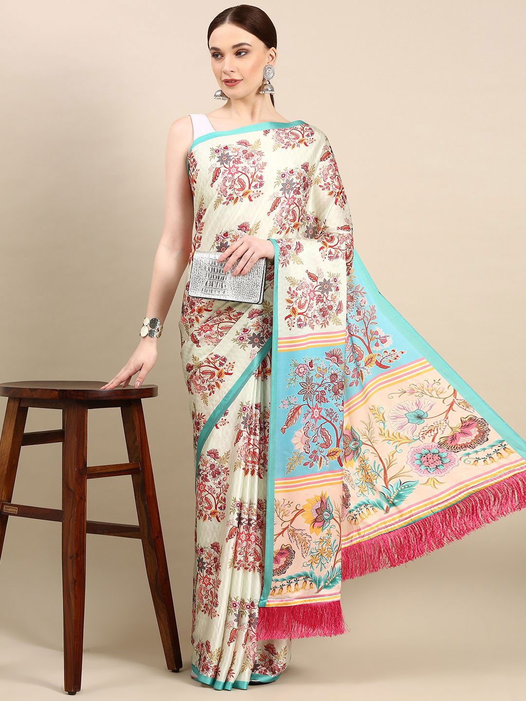 

VASTRANAND Floral Satin Saree, Beige