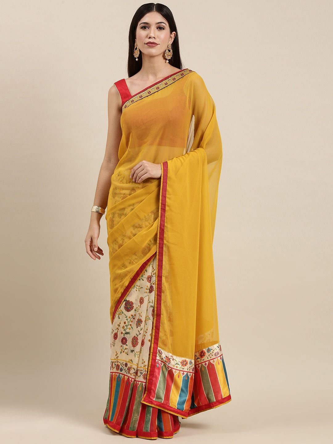 

VASTRANAND Floral Embroidered Poly Georgette Half and Half Saree, Yellow