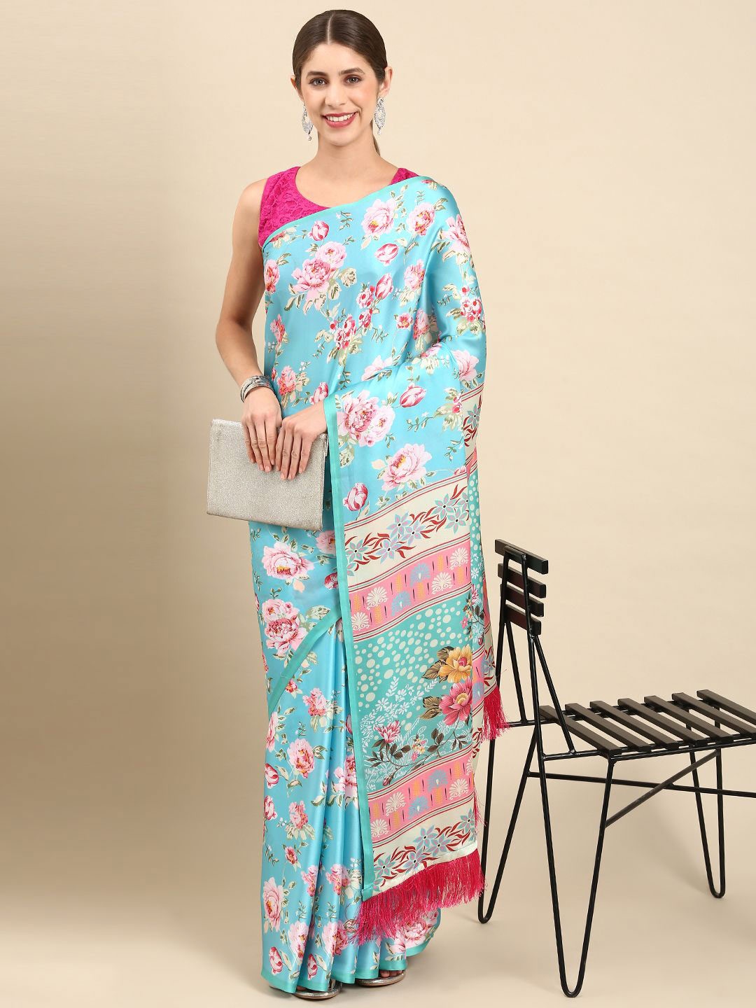 

VASTRANAND Floral Satin Saree, Blue