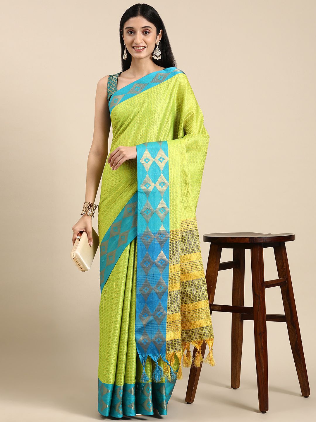 

VASTRANAND Polka Dot Zari Art Silk Banarasi Saree, Lime green