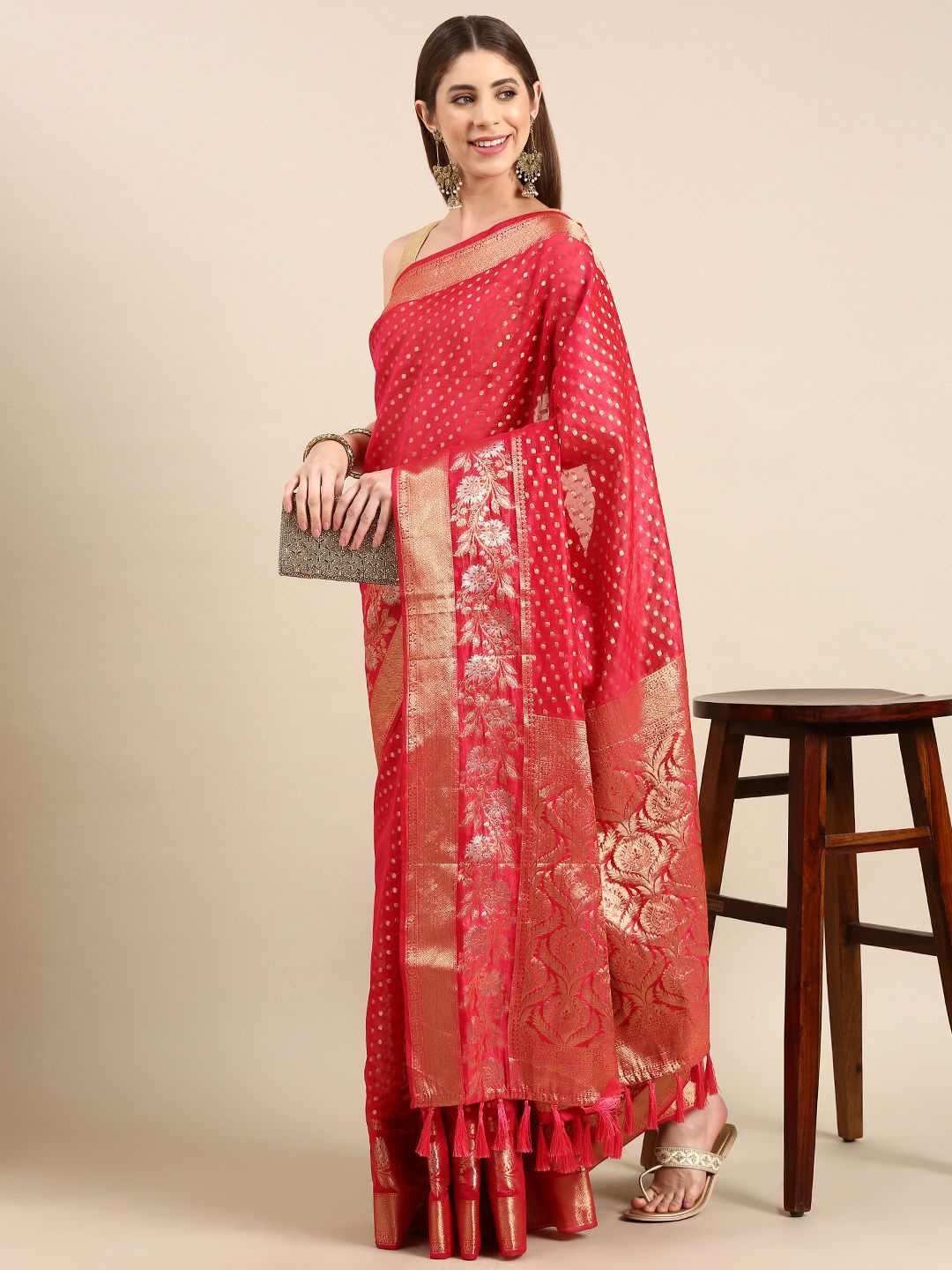 

VASTRANAND Polka Dot Zari Tissue Banarasi Saree, Pink
