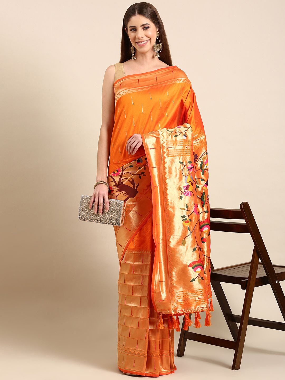 

VASTRANAND Woven Design Zari Silk Blend Paithani Saree, Orange
