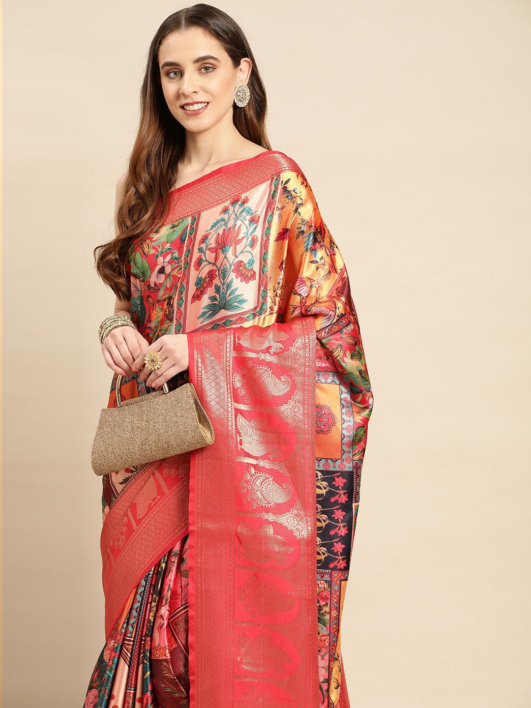 

VASTRANAND Floral Zari Satin Saree, Red