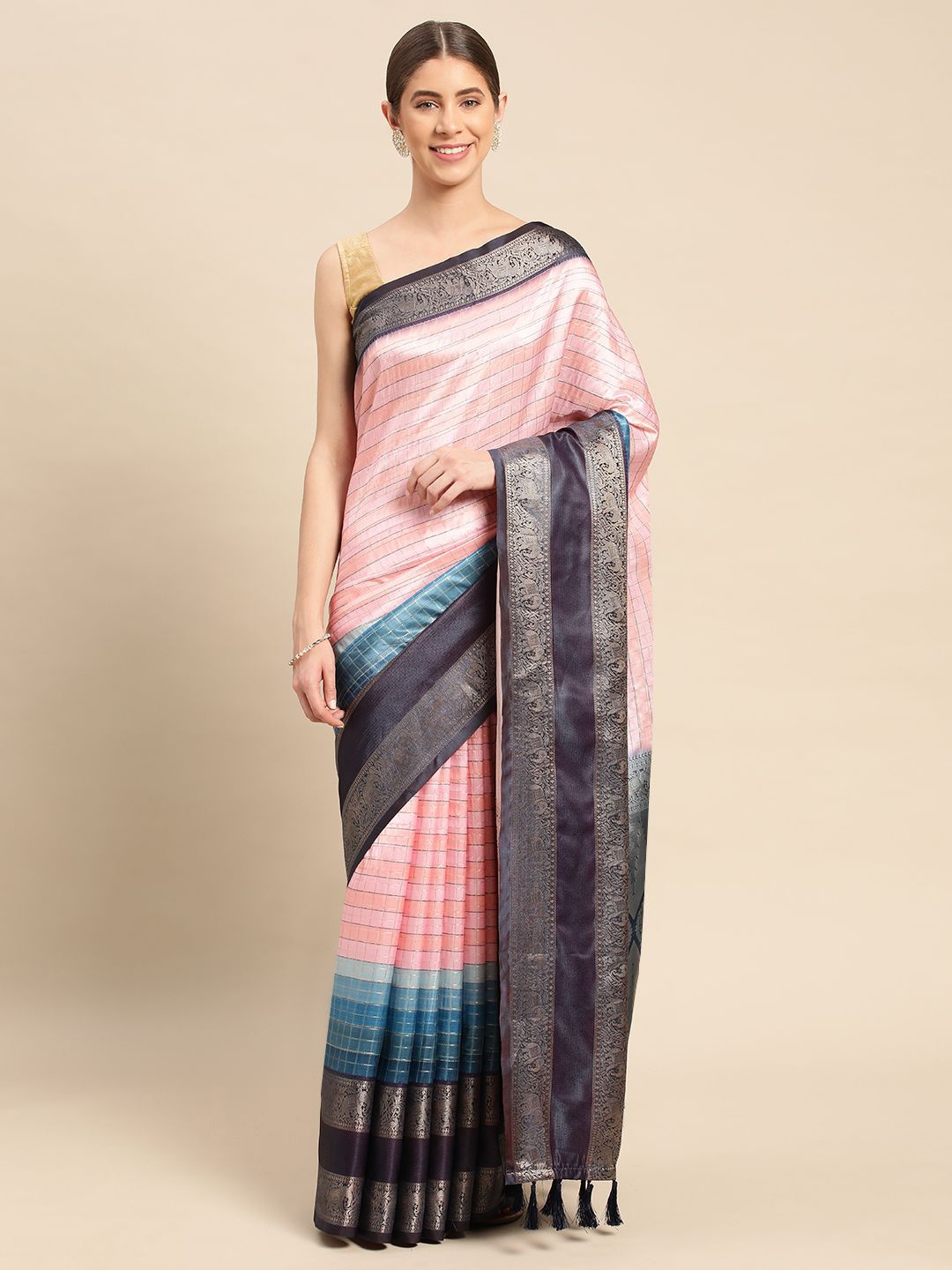 

VASTRANAND Striped Zari Silk Blend Banarasi Saree, Blue