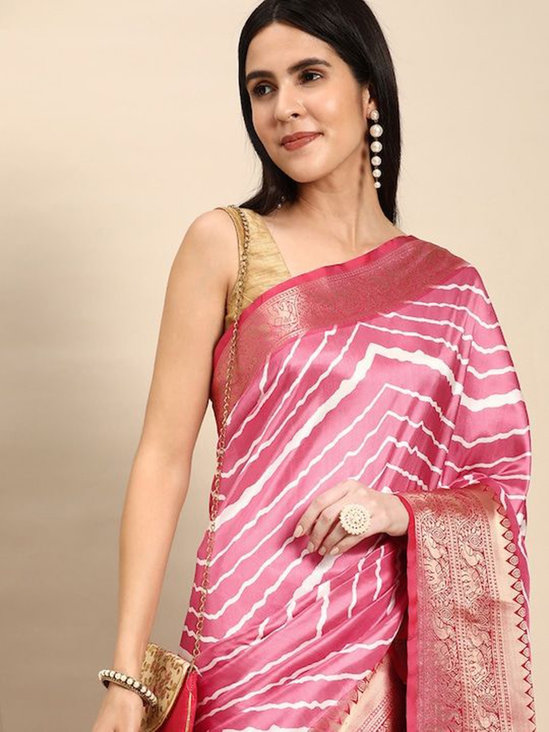 

VASTRANAND Leheriya Zari Silk Blend Banarasi Saree, Pink