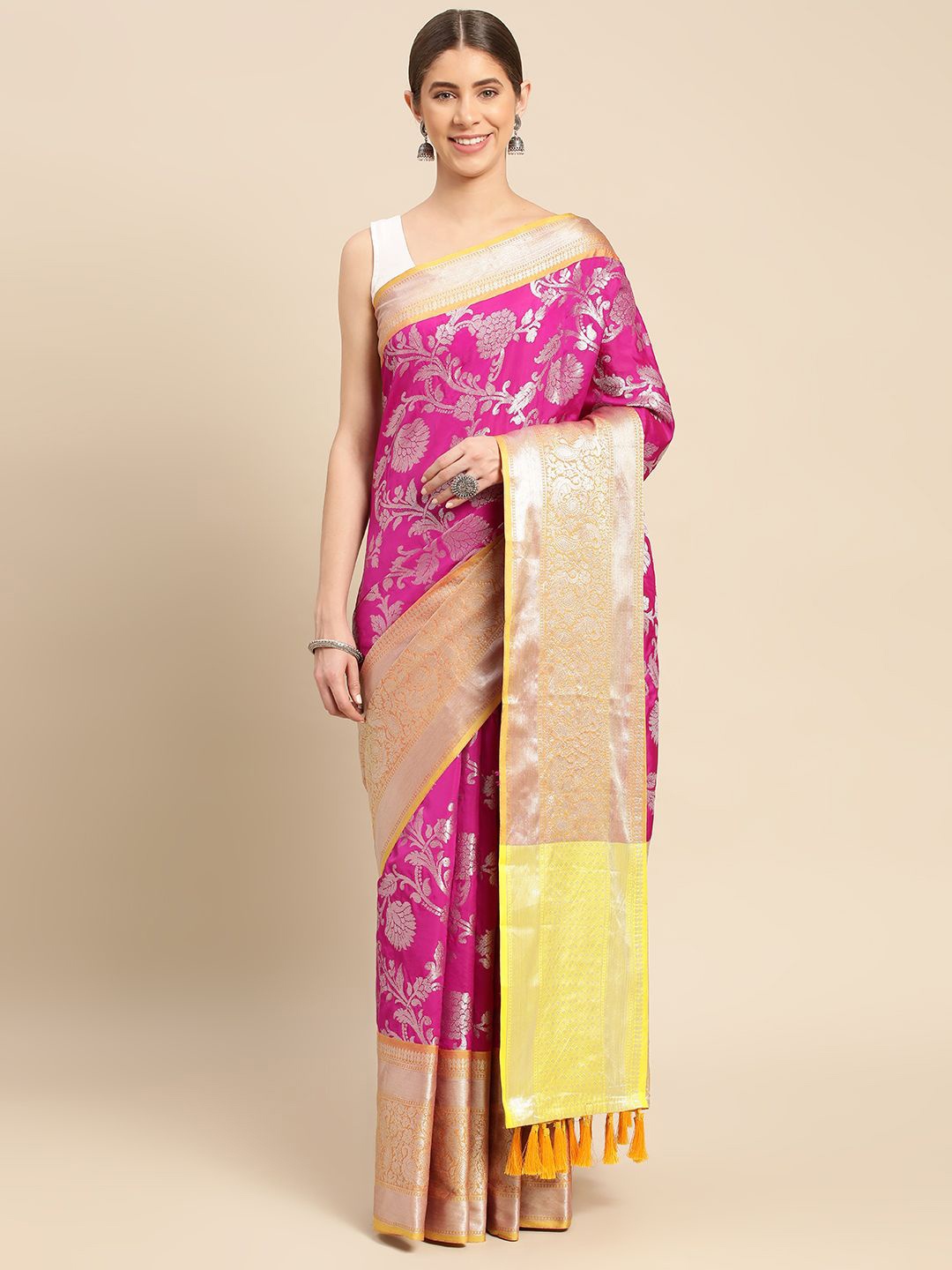 

VASTRANAND Floral Zari Art Silk Banarasi Saree, Pink