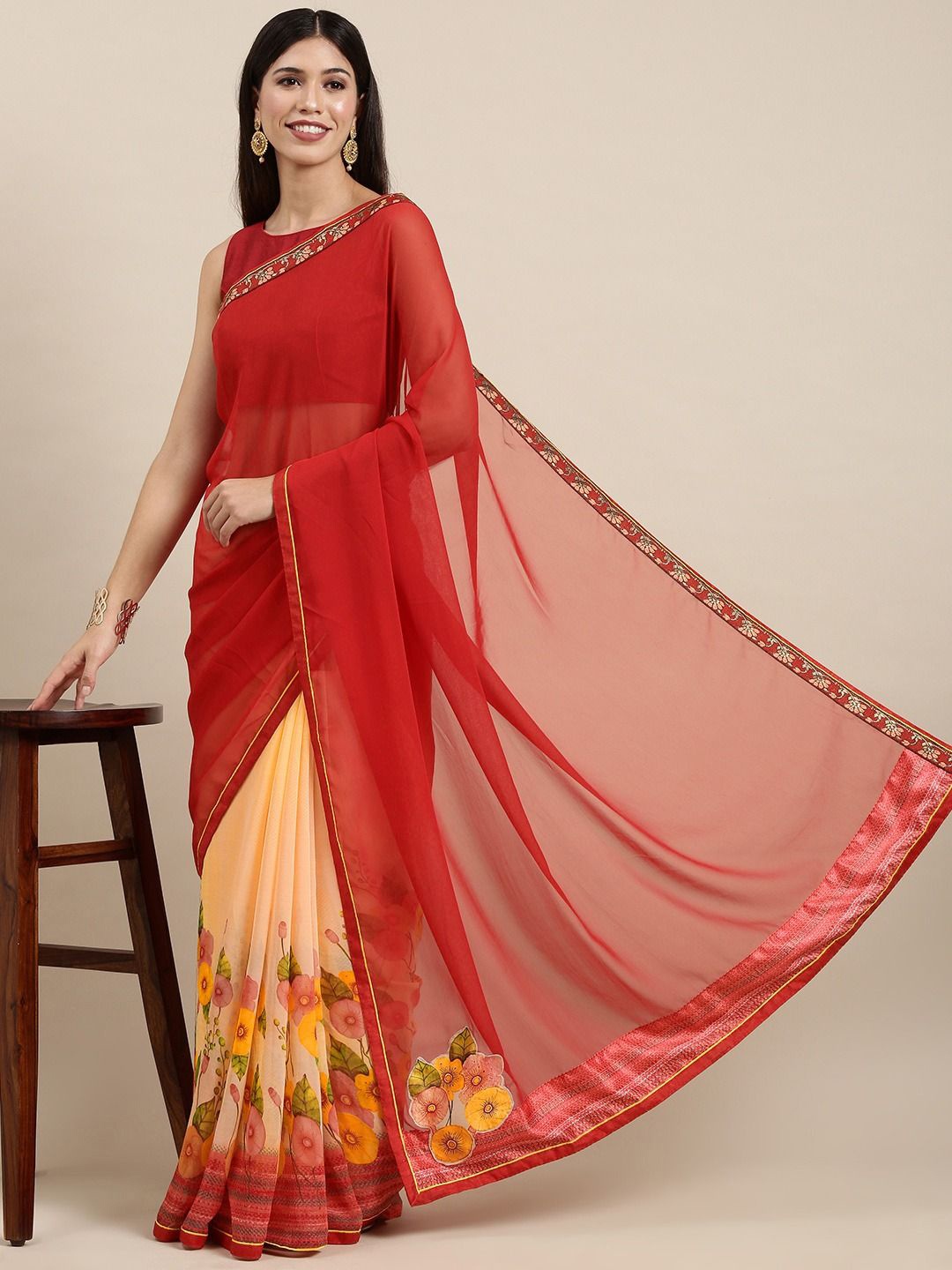 

VASTRANAND Floral Embroidered Poly Georgette Half and Half Saree, Red