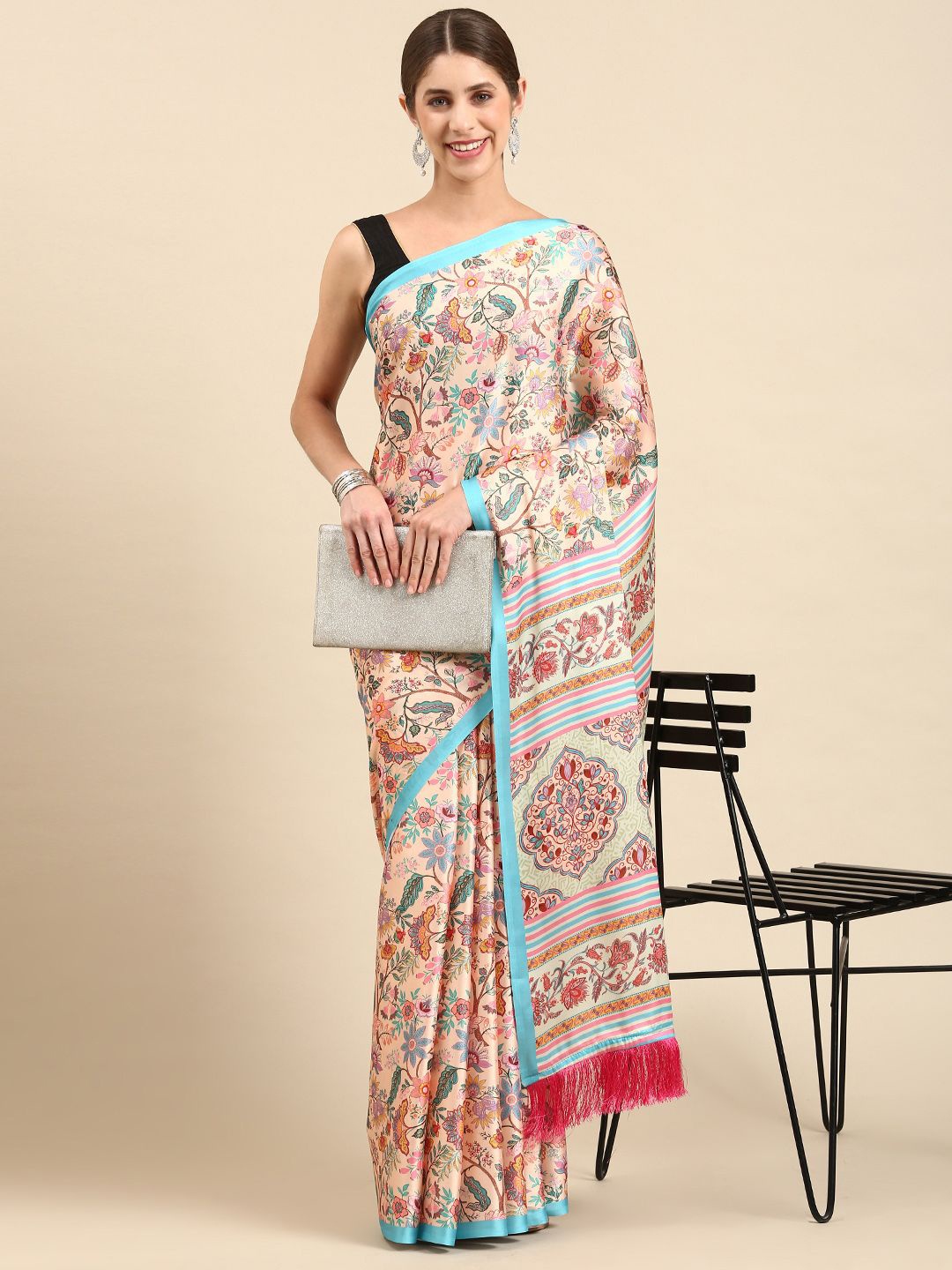 

VASTRANAND Floral Satin Designer Saree, Cream