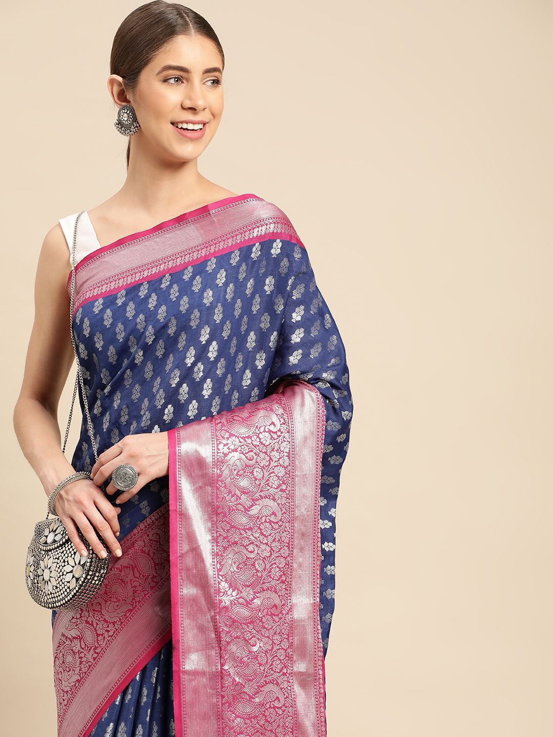 

VASTRANAND Ethnic Motifs Zari Art Silk Banarasi Saree, Navy blue
