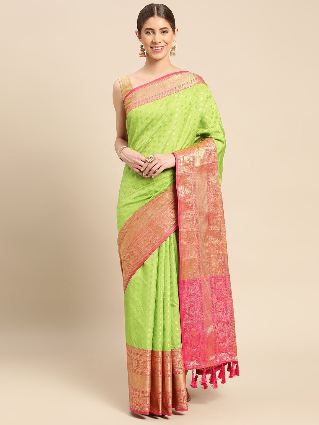 

VASTRANAND Ethnic Motifs Zari Art Silk Banarasi Saree, Olive