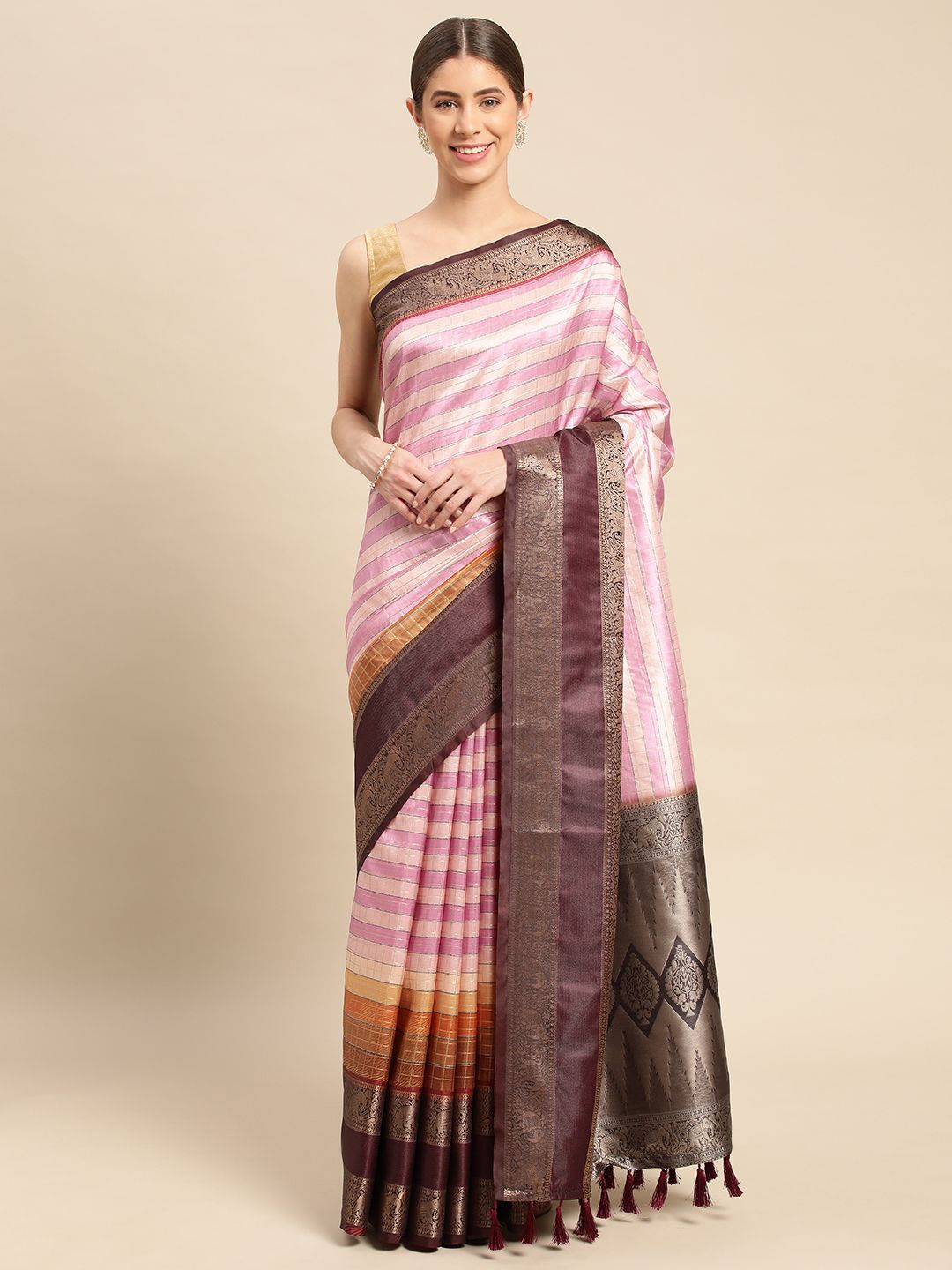 

VASTRANAND Striped Zari Silk Blend Banarasi Saree, Brown