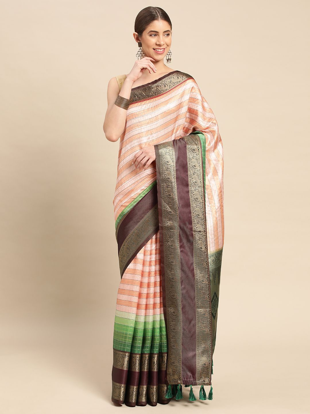 

VASTRANAND Woven Design Zari Silk Blend Banarasi Saree, Peach