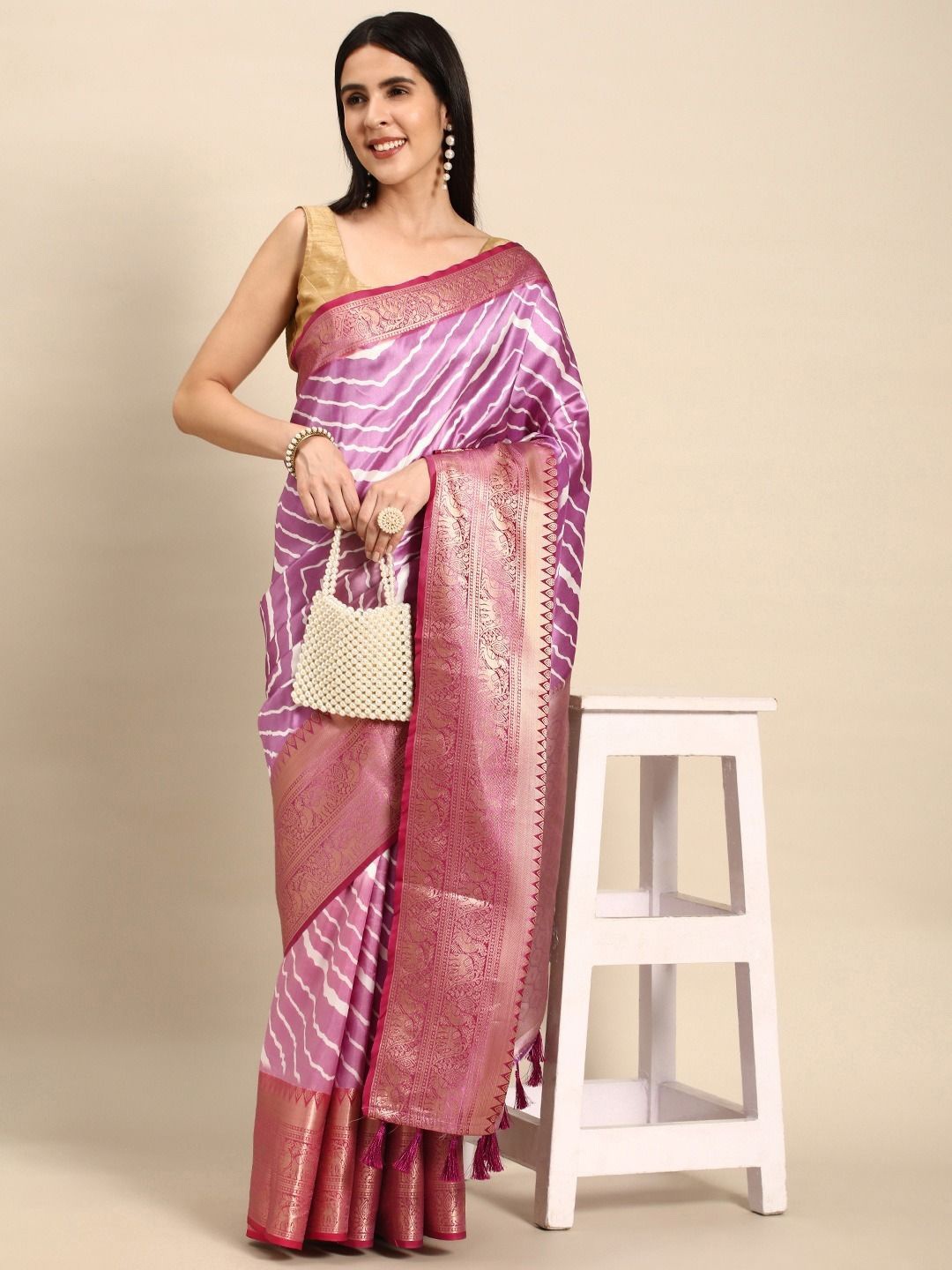 

VASTRANAND Leheriya Zari Silk Blend Banarasi Saree, Lavender