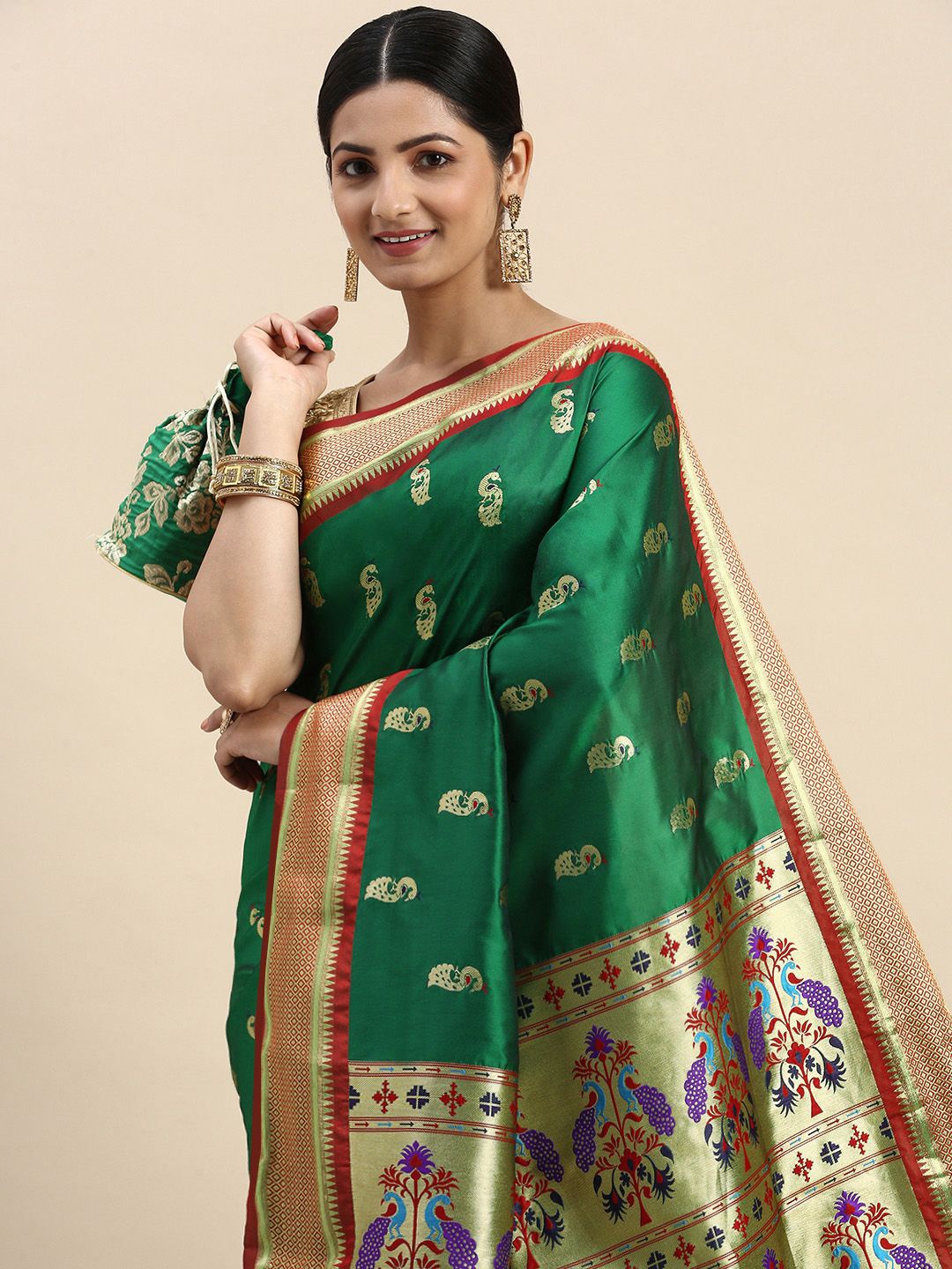 

VASTRANAND Woven Design Zari Art Silk Paithani Saree, Green