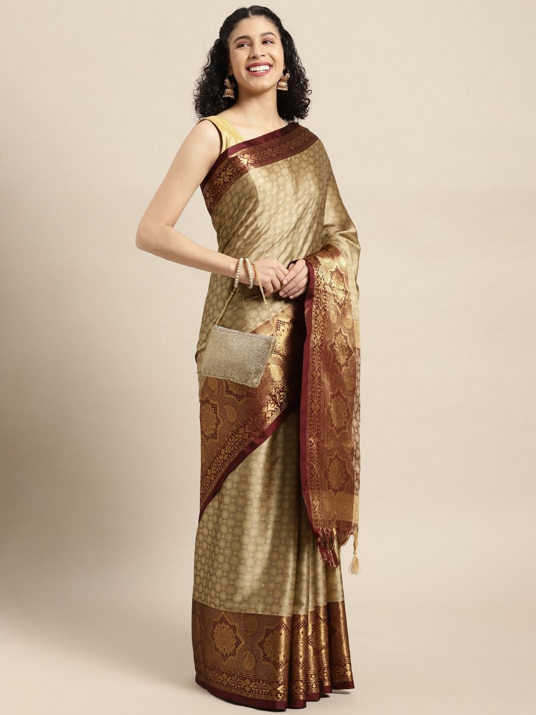 

VASTRANAND Woven Design Zari Silk Blend Banarasi Saree, Beige