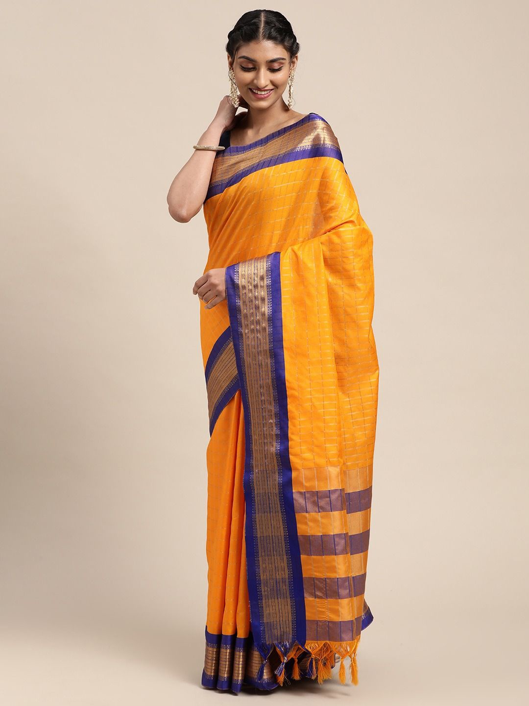 

VASTRANAND Checked Zari Pure Silk Gadwal Saree, Yellow