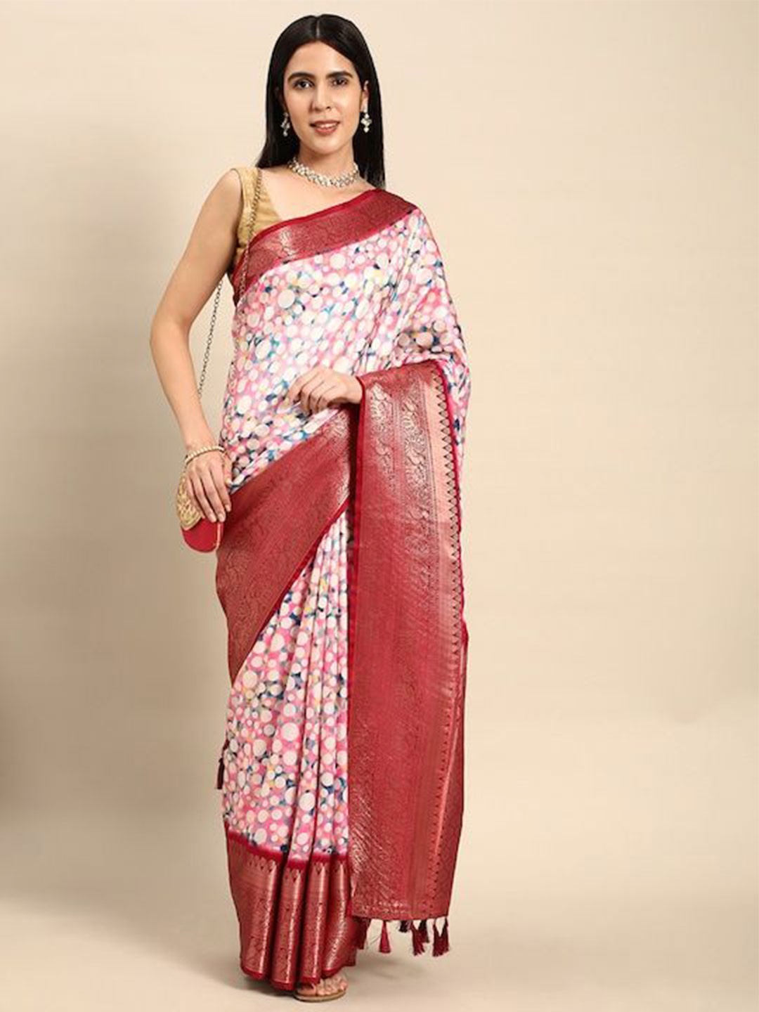 

VASTRANAND Floral Zari Silk Blend Banarasi Saree, Pink