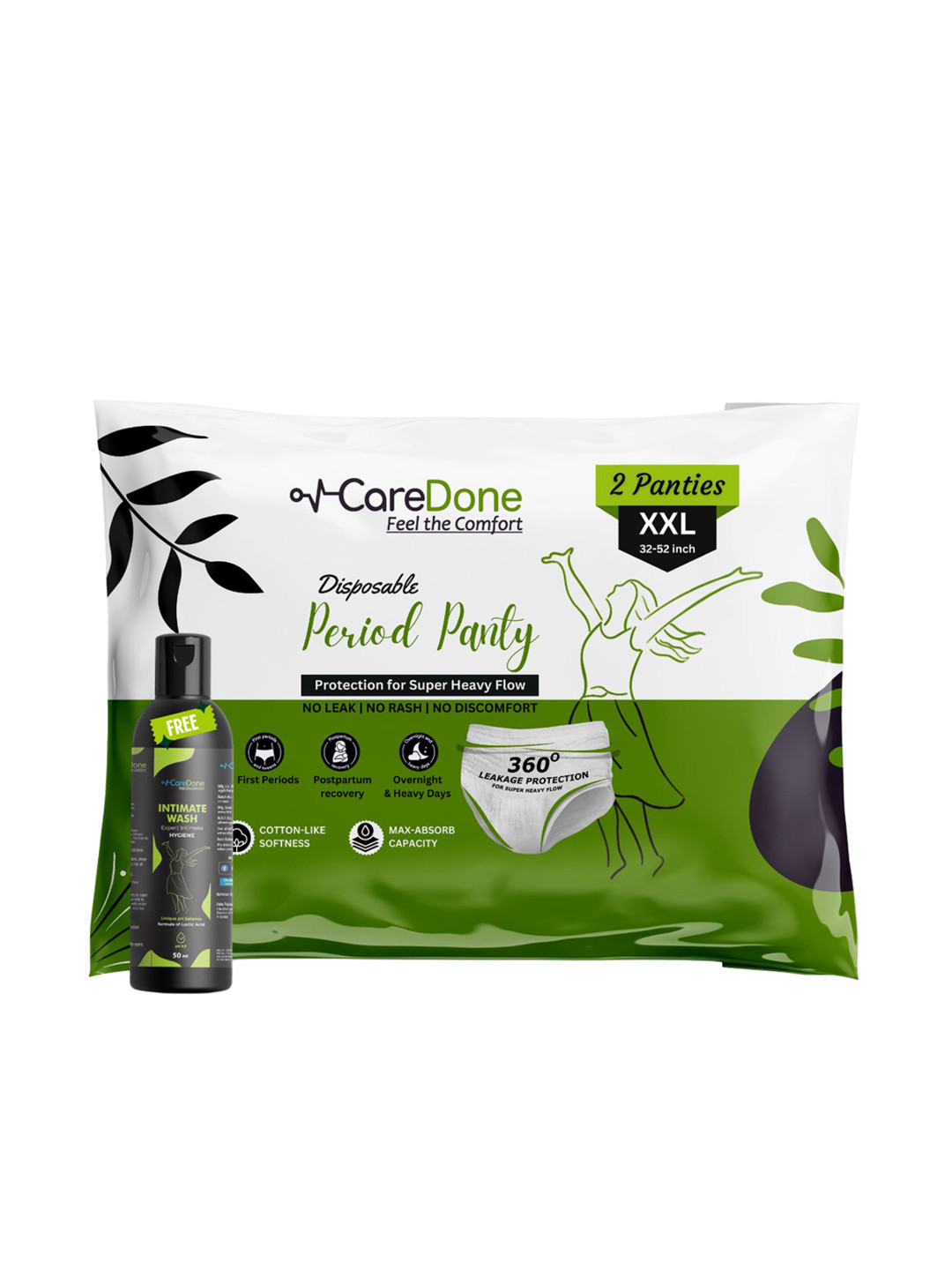 

CareDone Pack of 2 Disposable Cotton Period Panties With Intimate Gel - XXL+50ml, White