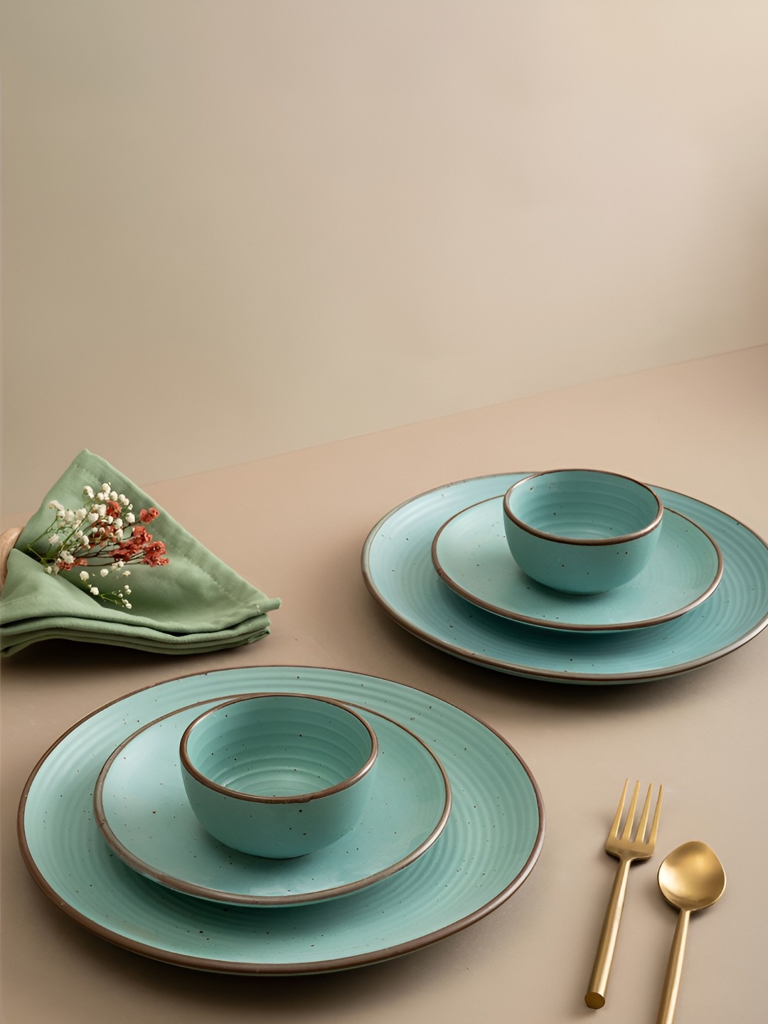 

URBAN SPACE 6 Pieces Ocean Green & Brown Crafted Ceramic Matt Finish Dinner Set, Sea green