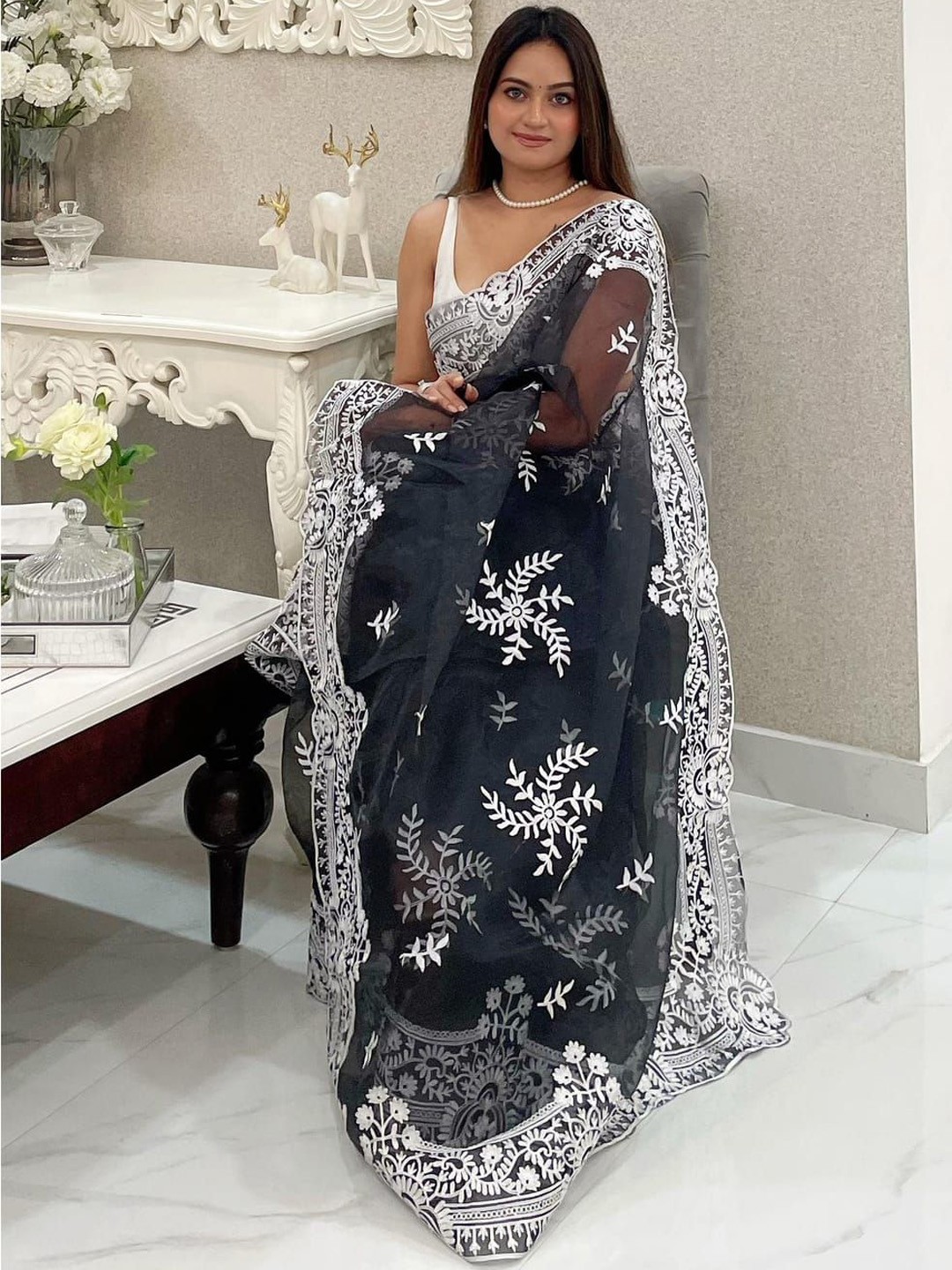 

Suha Embroidered Designer Saree, Black