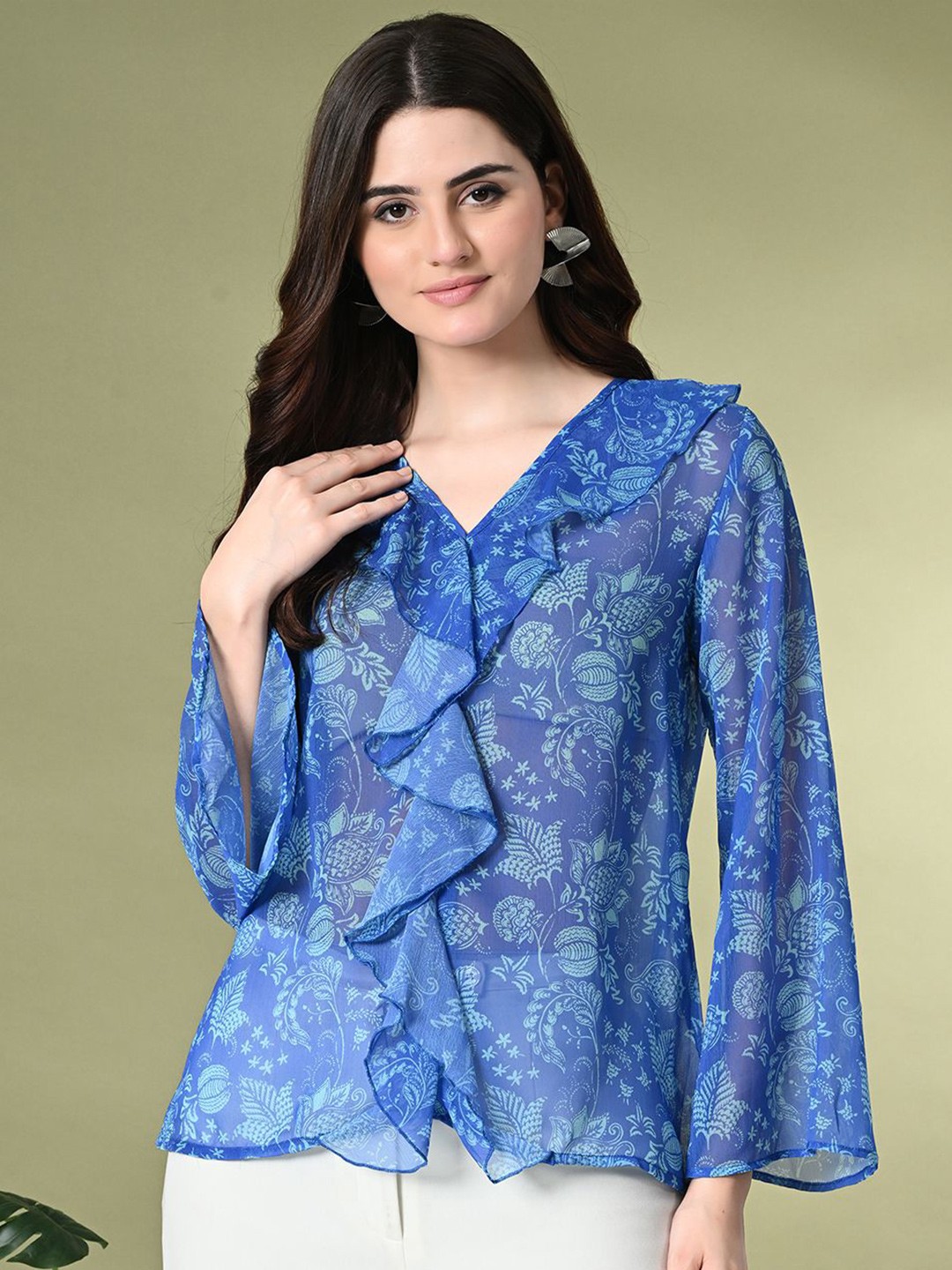 

Sangria Printed V-Neck Tops, Blue