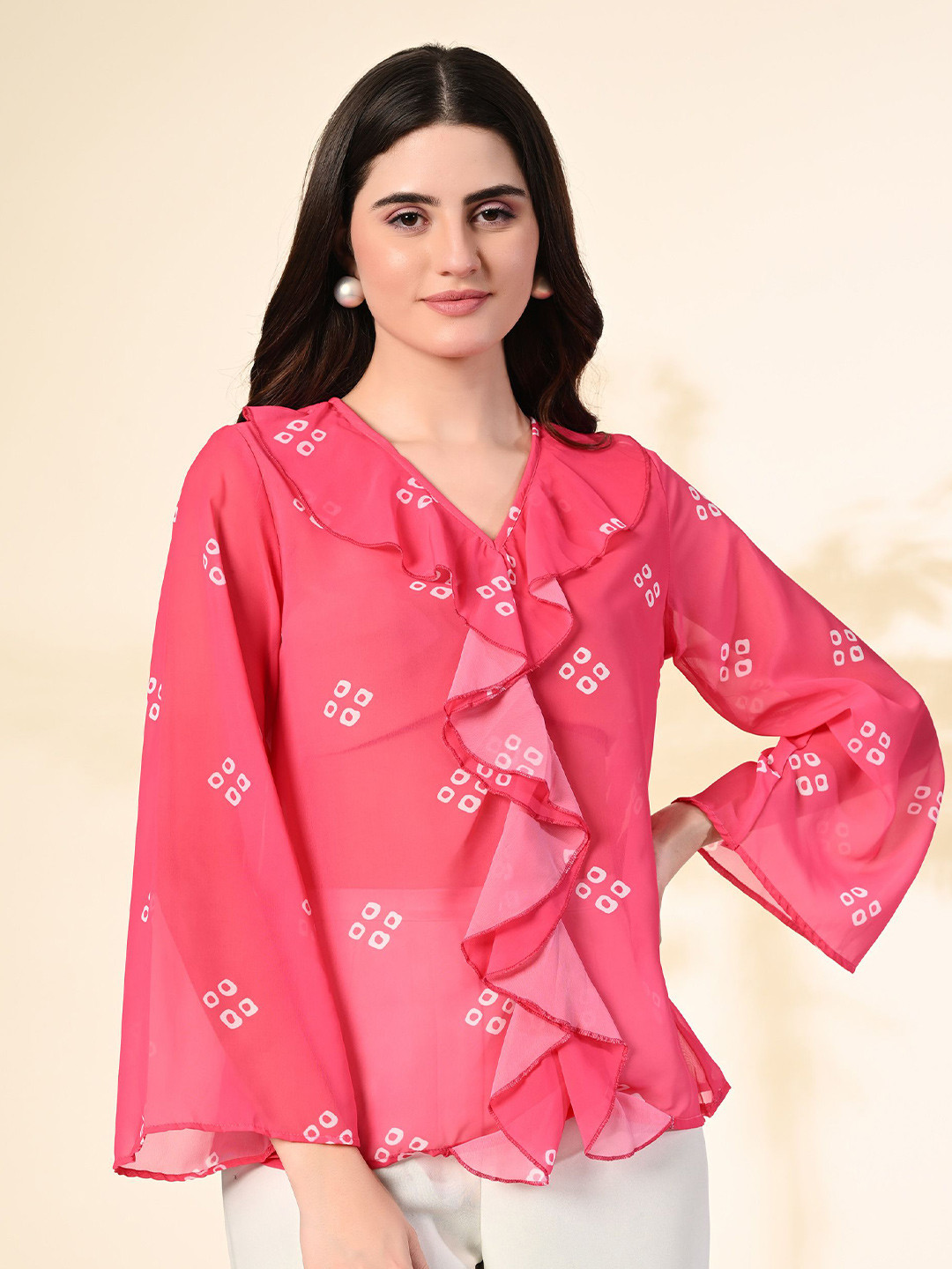 

Sangria Printed Ruffle Long Bell Sleeves Top, Pink