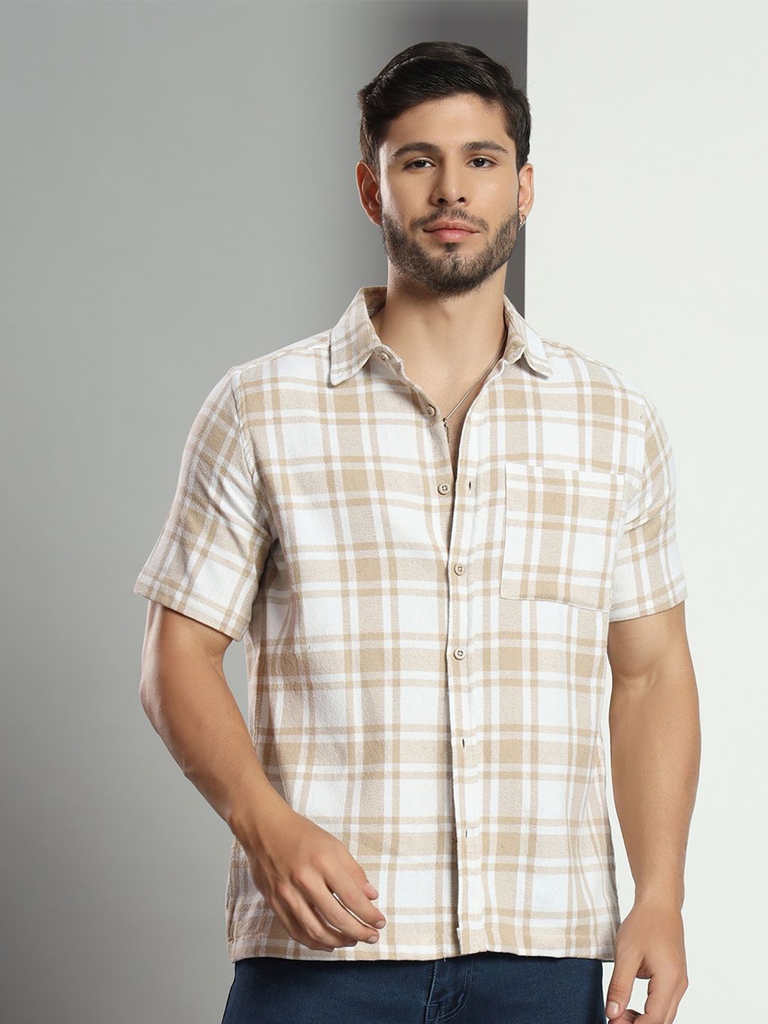 

CHIMPAAANZEE Men Tartan Checks Opaque Checked Casual Shirt, Beige