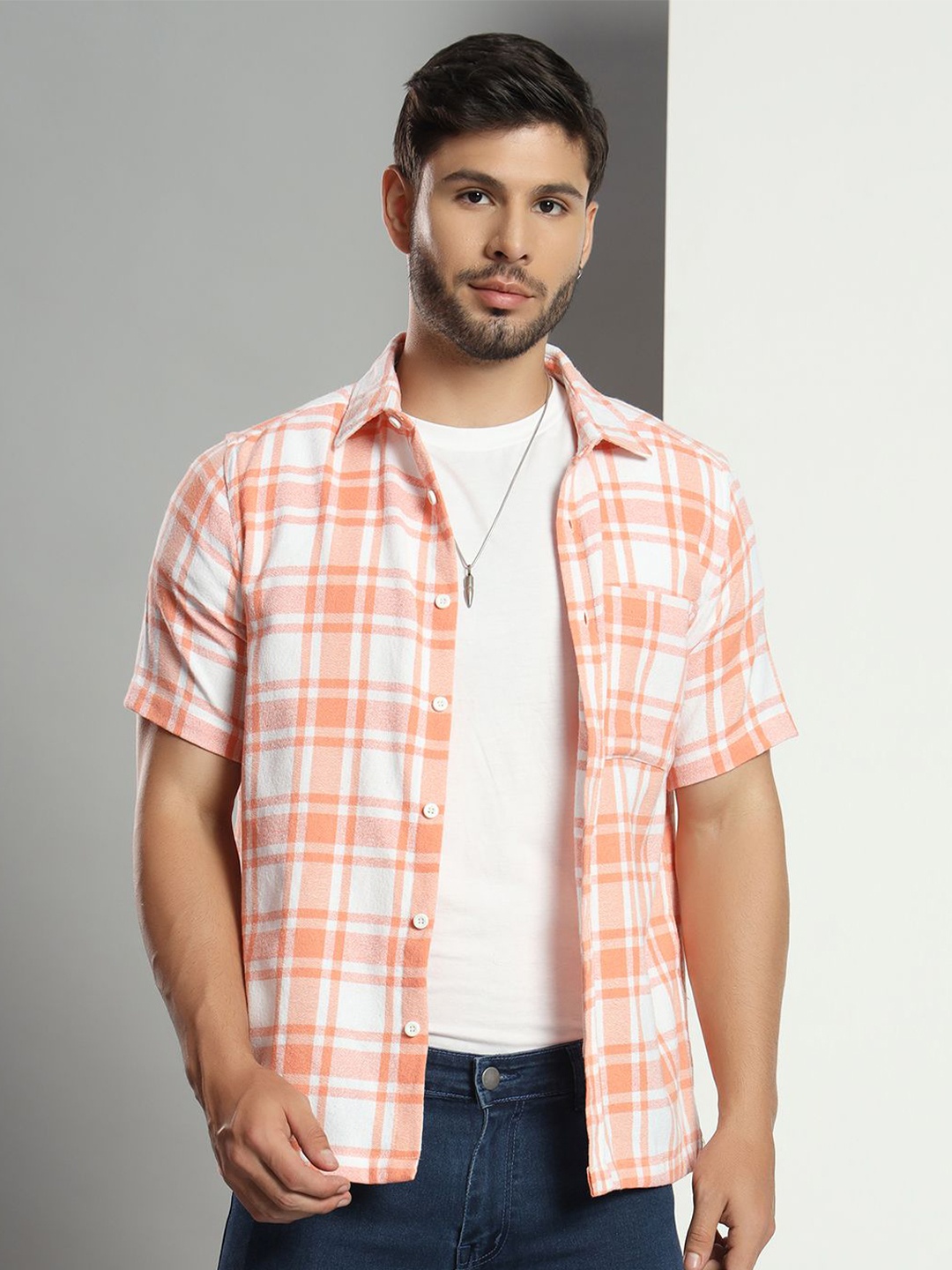 

CHIMPAAANZEE Men Tartan Checks Opaque Checked Casual Shirt, Orange