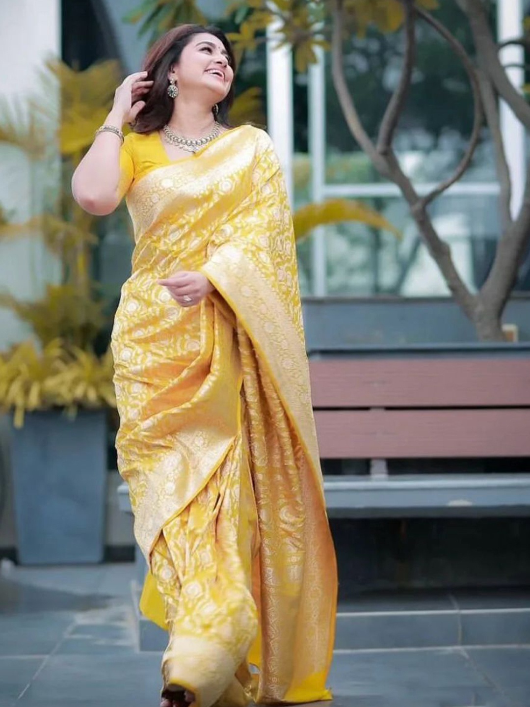

Upalksh Floral Zari Kanjeevaram Saree, Yellow