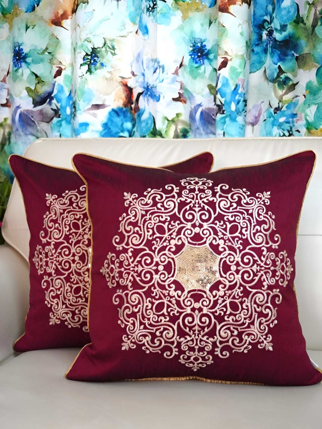 

TARA- Sparkling Homes Burgundy & White Set of 2 Embroidered Square Cushion Covers