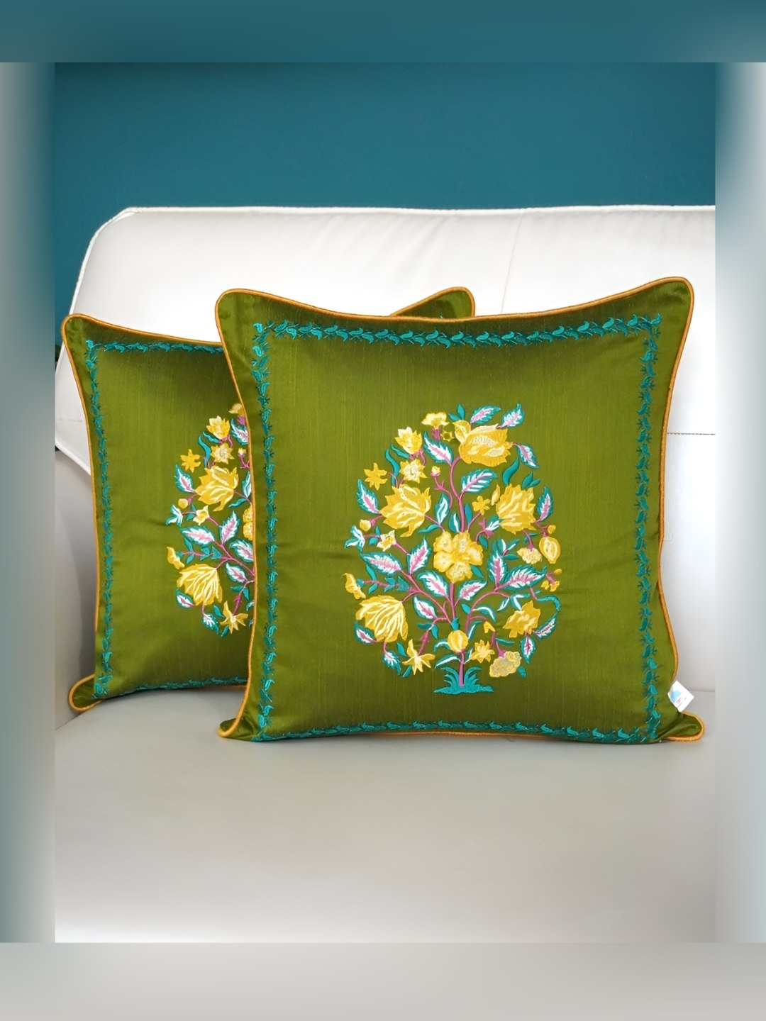 

TARA- Sparkling Homes Green & Yellow Set of 2 Embroidered Square Cushion Covers