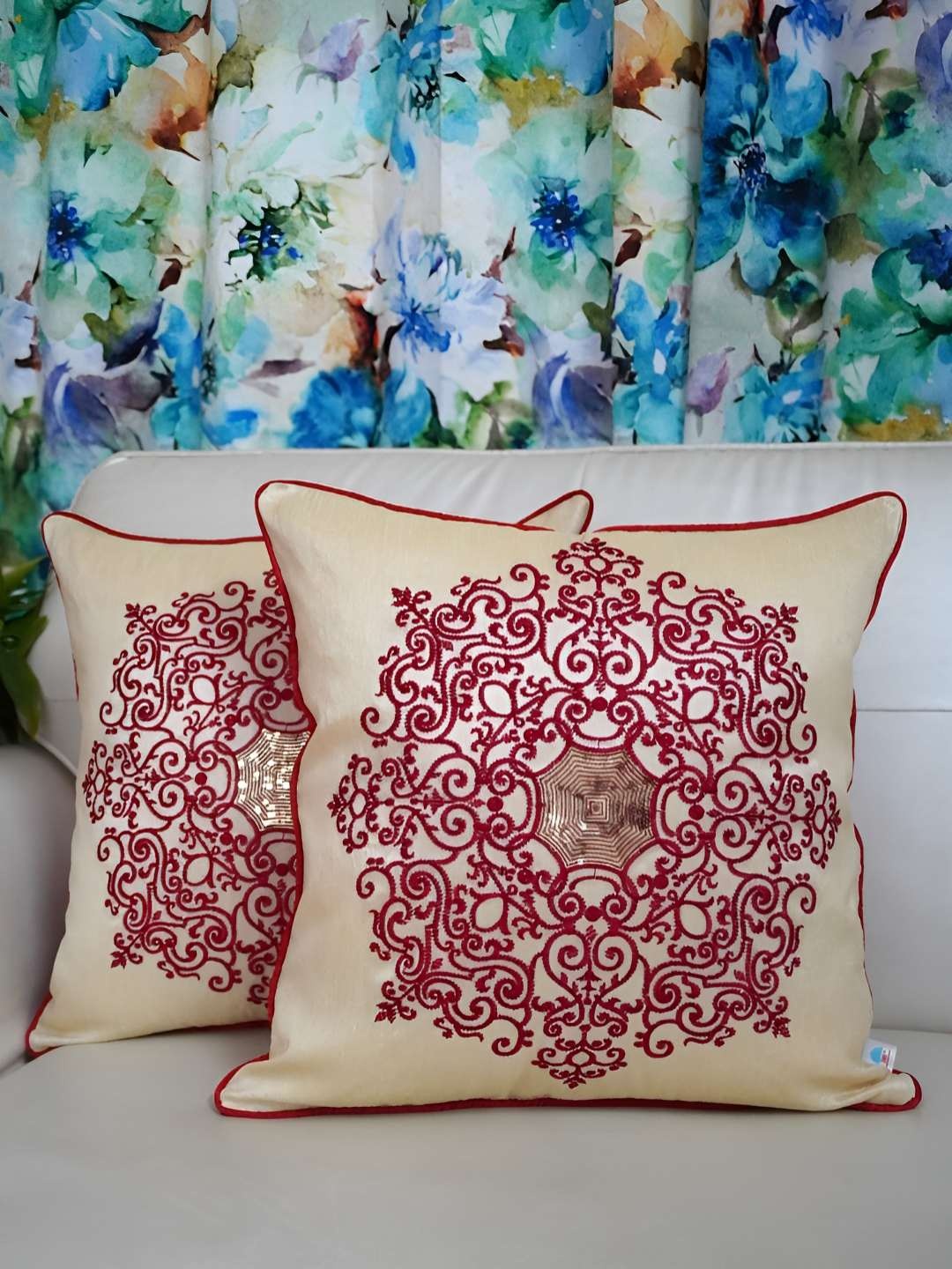 

TARA- Sparkling Homes Cream-Coloured & Pink Set of 2 Embroidered Square Cushion Covers