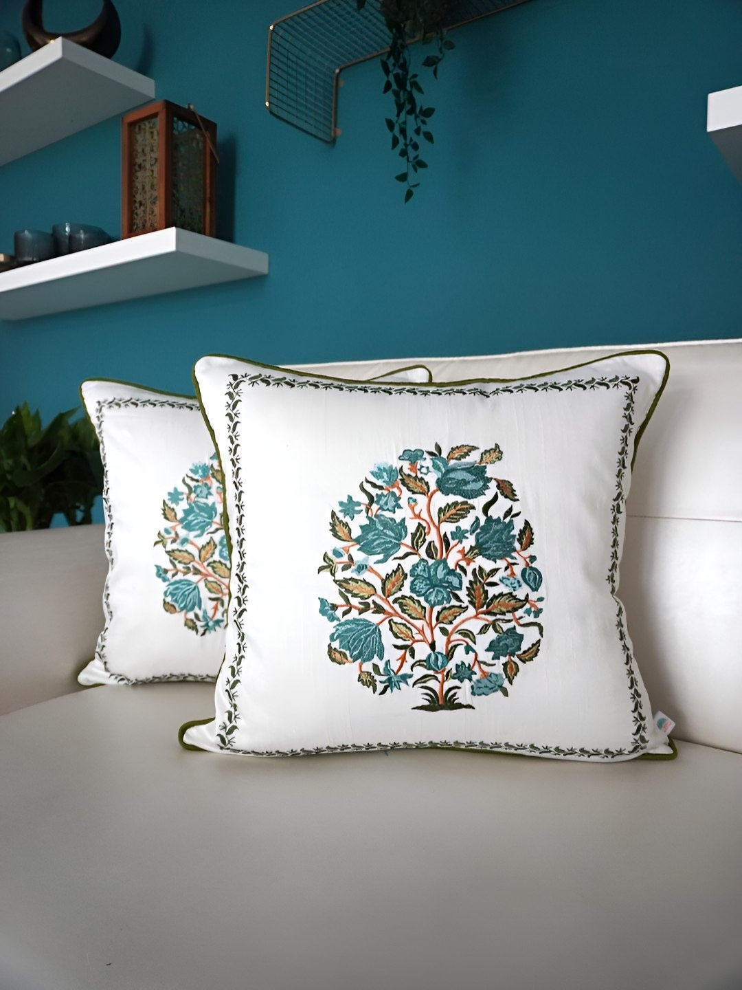 

TARA- Sparkling Homes White & Blue Set of 2 Embroidered Square Cushion Covers