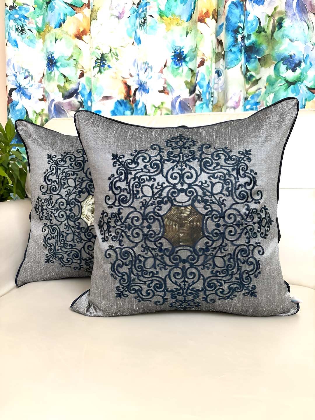 

TARA- Sparkling Homes Silver-Toned & Blue Set of 2 Embroidered Square Cushion Covers