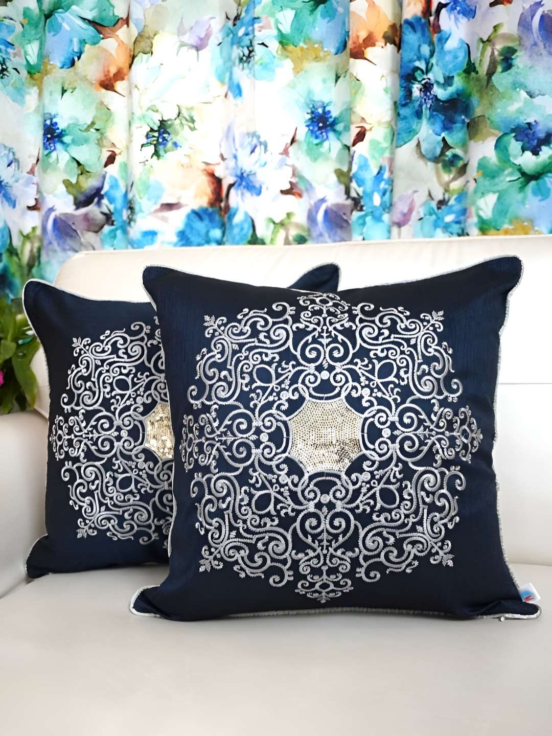 

TARA- Sparkling Homes Navy Blue & White Set of 2 Embroidered Square Cushion Covers