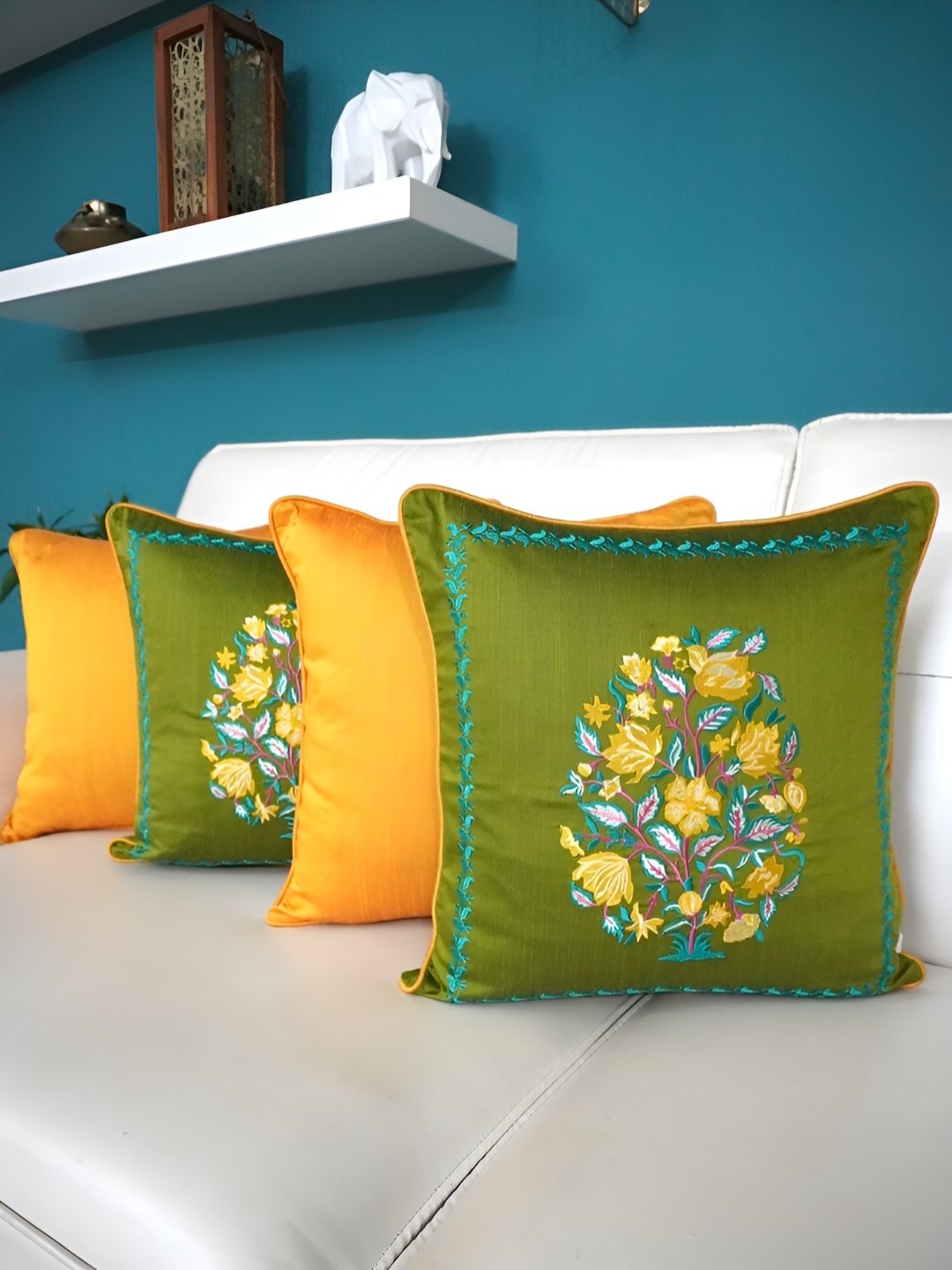 

TARA- Sparkling Homes Green & Yellow Set of 4 Embroidered Square Cushion Covers