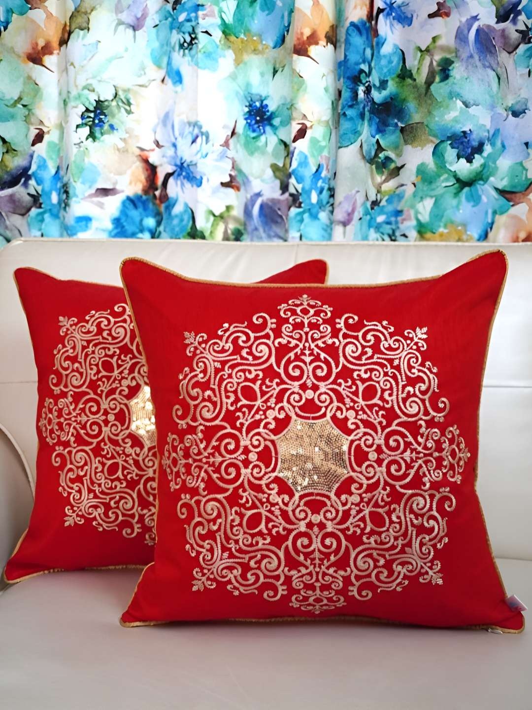 

TARA- Sparkling Homes Red & White Set of 2 Embroidered Square Cushion Covers