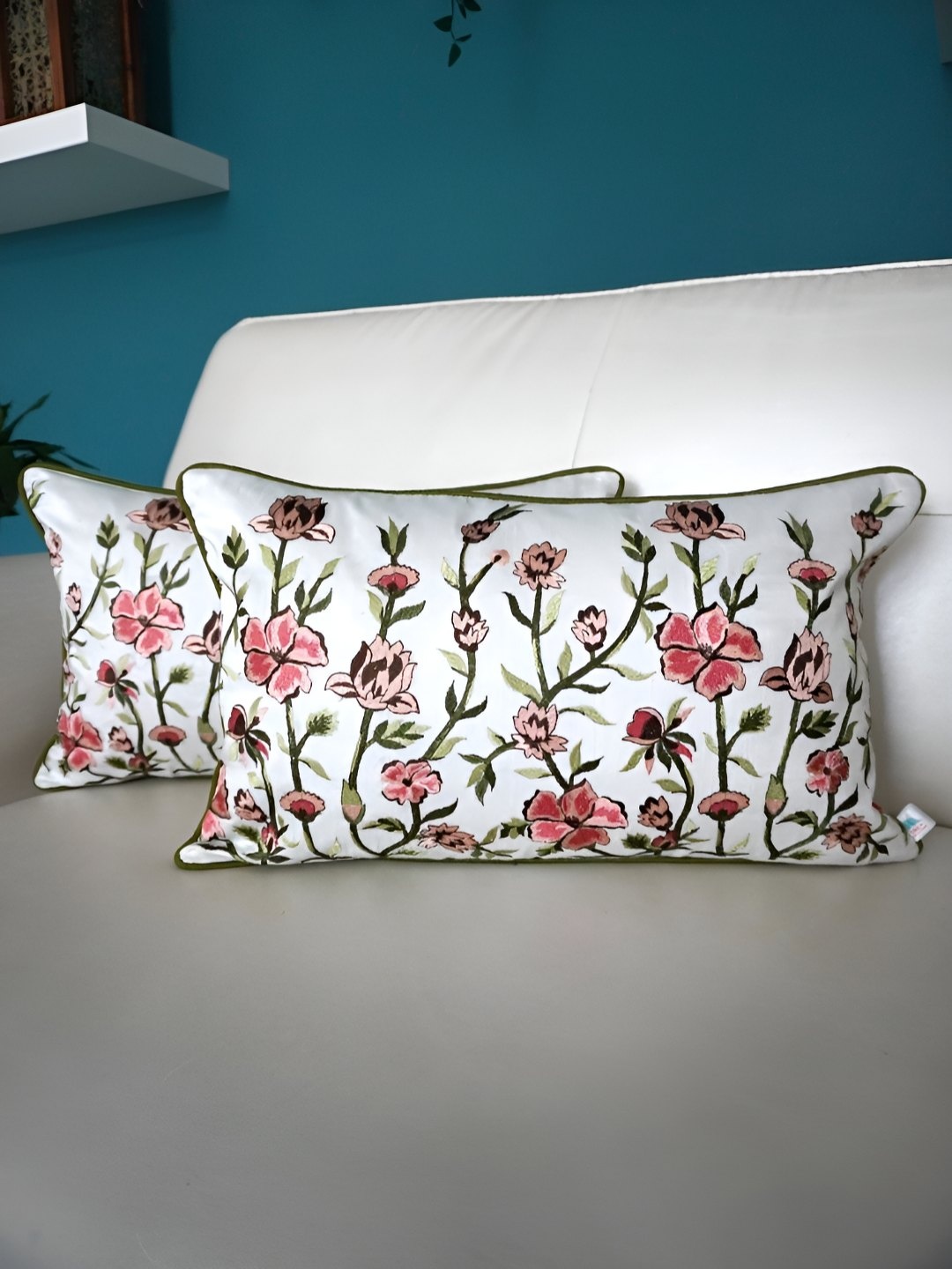 

TARA- Sparkling Homes White & Pink Set of 2 Embroidered Rectangle Cushion Covers