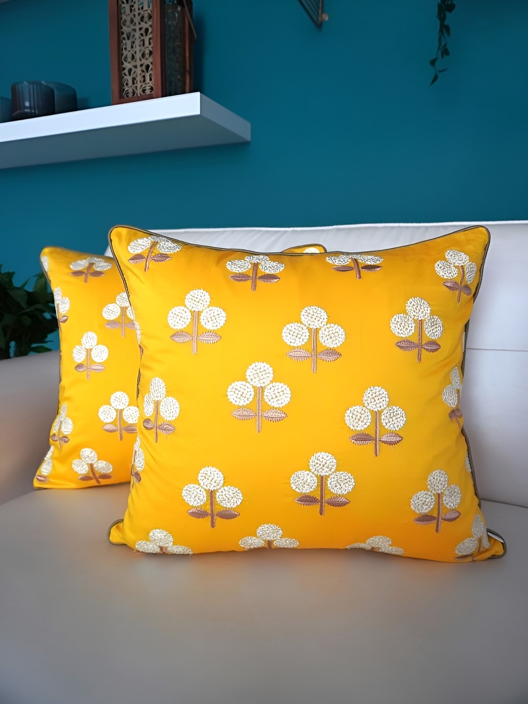 

TARA- Sparkling Homes Yellow & White Set of 2 Embroidered Square Cushion Covers