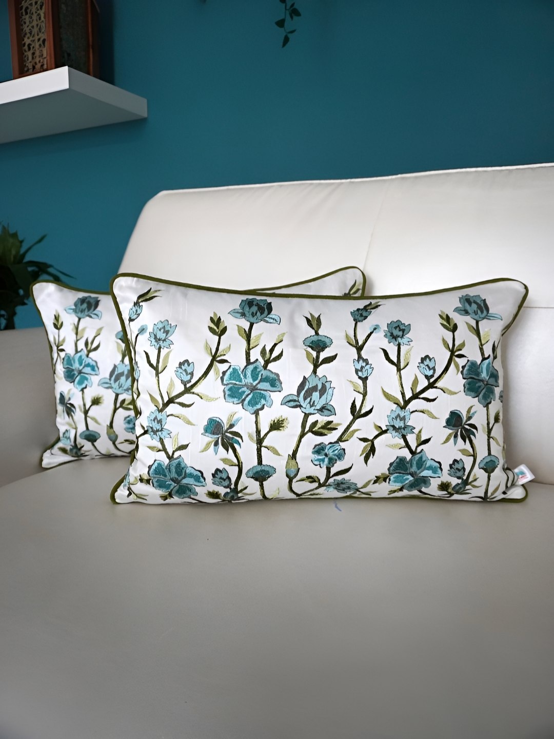 

TARA- Sparkling Homes Blue & White Set of 2 Embroidered Rectangle Cushion Covers