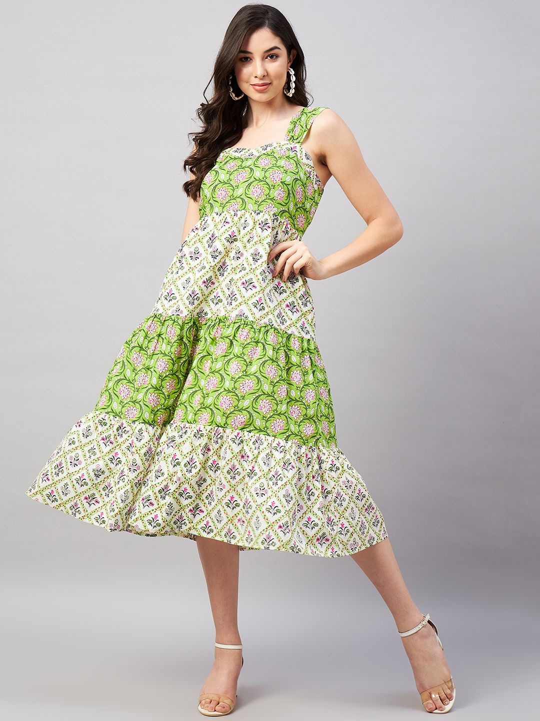 

WineRed Floral Print Fit & Flare Midi Dress, Green